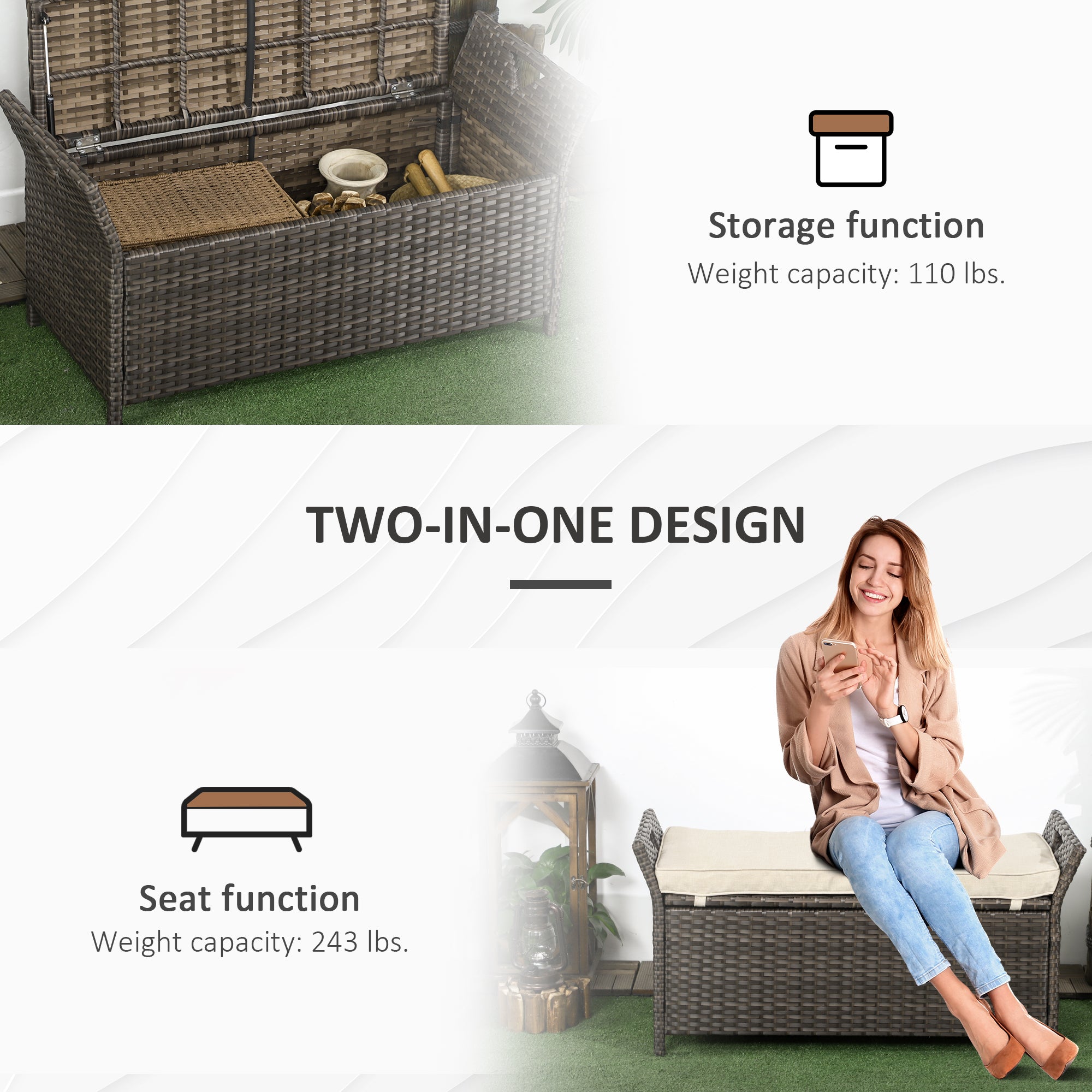 29 Gallon Patio Wicker Storage Bench, Outdoor PE Rattan Patio Furniture, 2-In-1 Large Capacity Rectangle Garden Storage Box with Handles and Cushion, Cream White