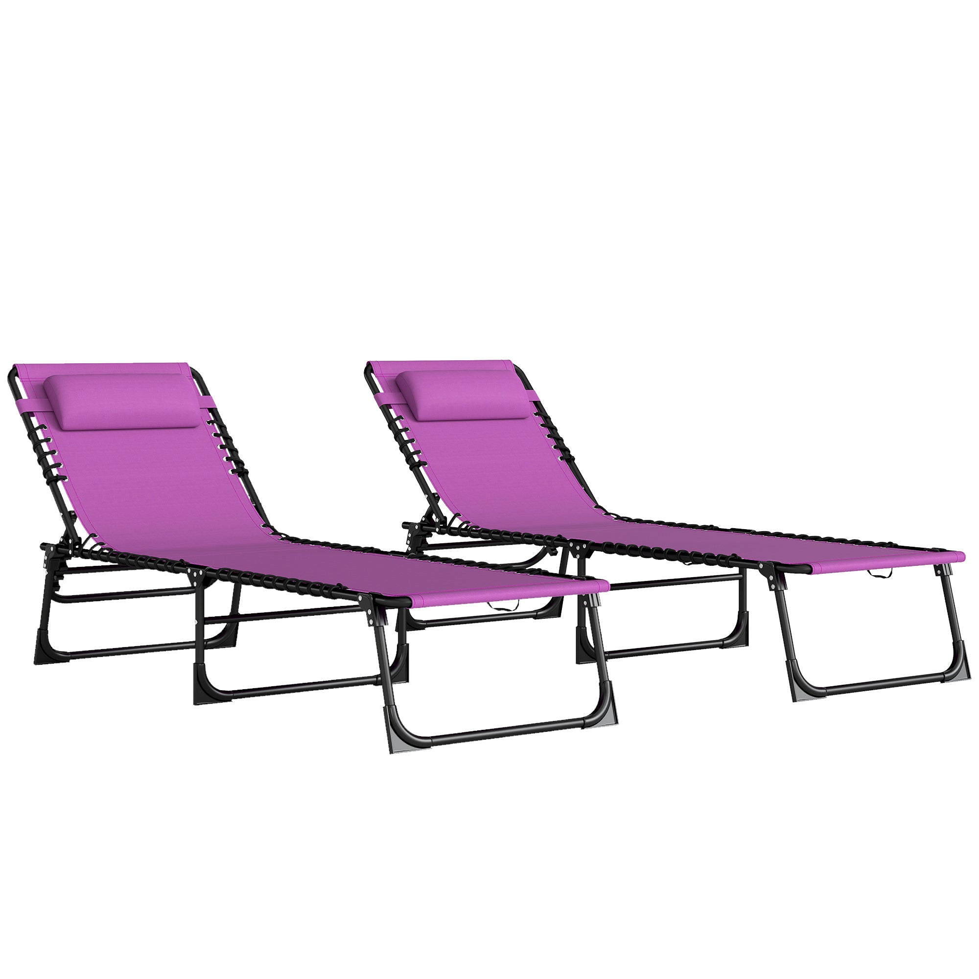 2 Folding Chaise Lounge Pool Chairs with 4-Position Reclining Back, Pillow, Breathable Mesh & Bungee Seat
