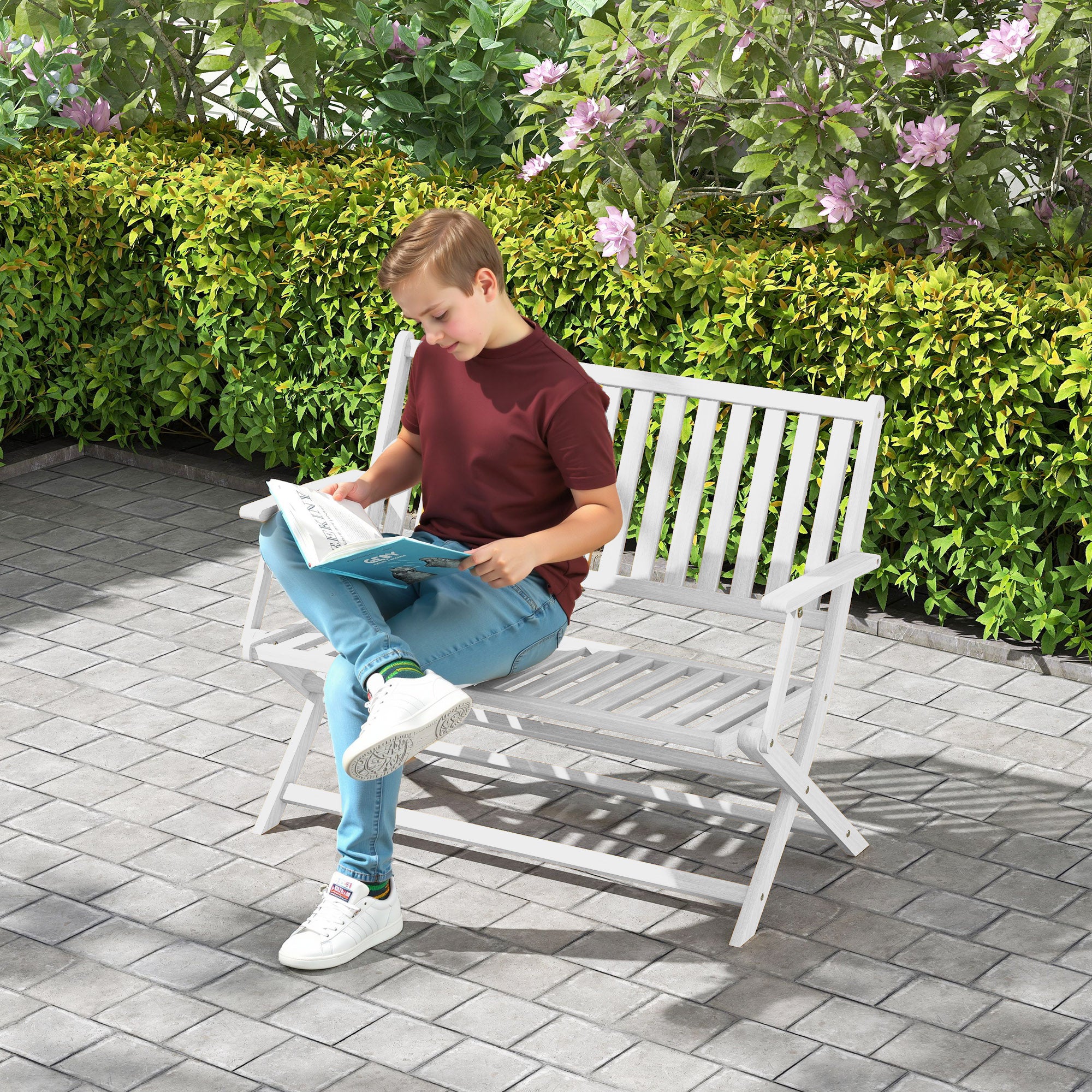 2-Person Foldable Wood Outdoor Bench with Backrest and Armrests for Garden, Porch, Park, Balcony
