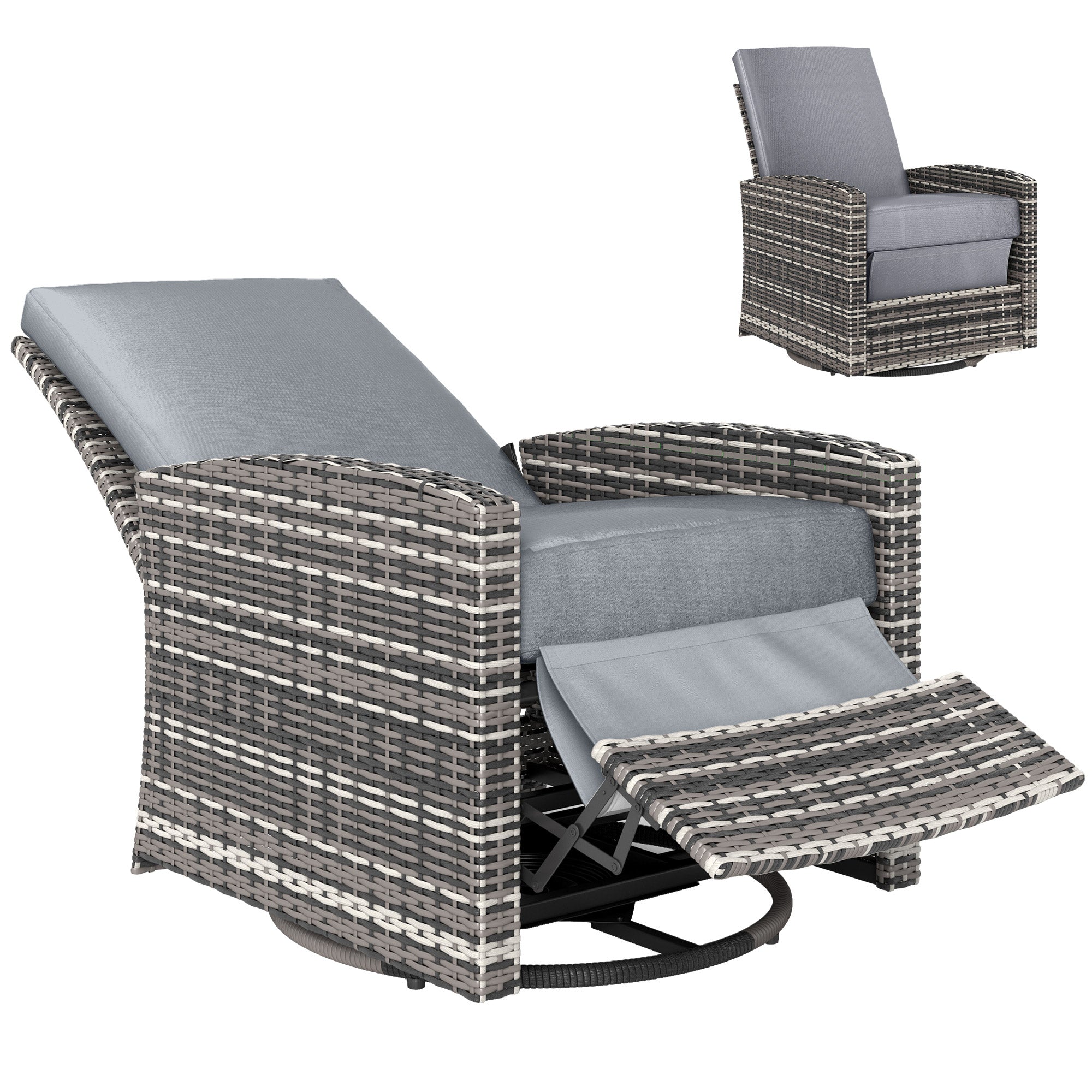 Outdoor Wicker Swivel Recliner Chair, Reclining Backrest, Lifting Footrest, 360° Rotating Basic, Water Resistant Cushions for Patio