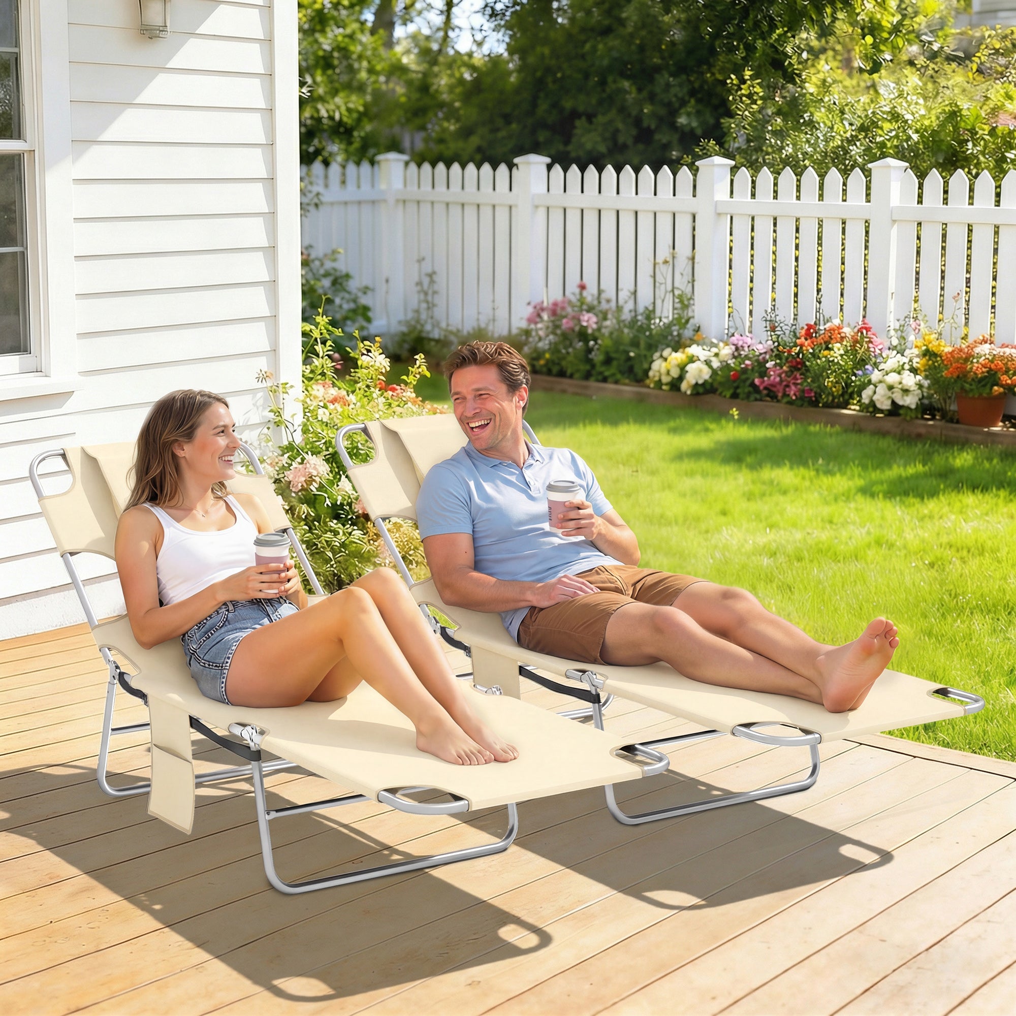 2 Tanning Chairs with Face Hole, 5-Level Adjustable Outdoor Chaise Lounge Chair with Pillow for Beach, Pool