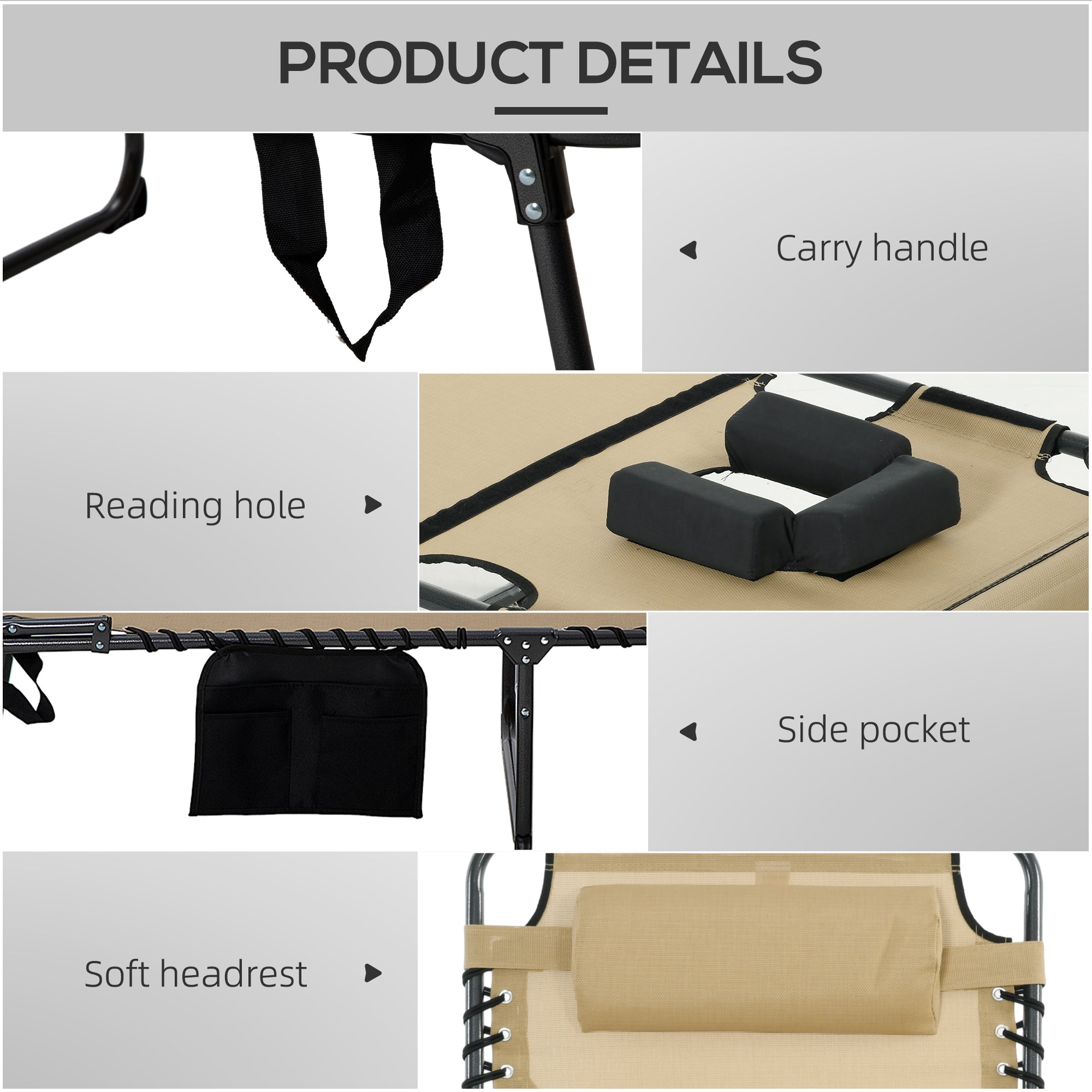 Folding Chaise Tanning Lounge Chair w/ 5-level Reclining Back, Reading Hole, Side Pocket, Headrest