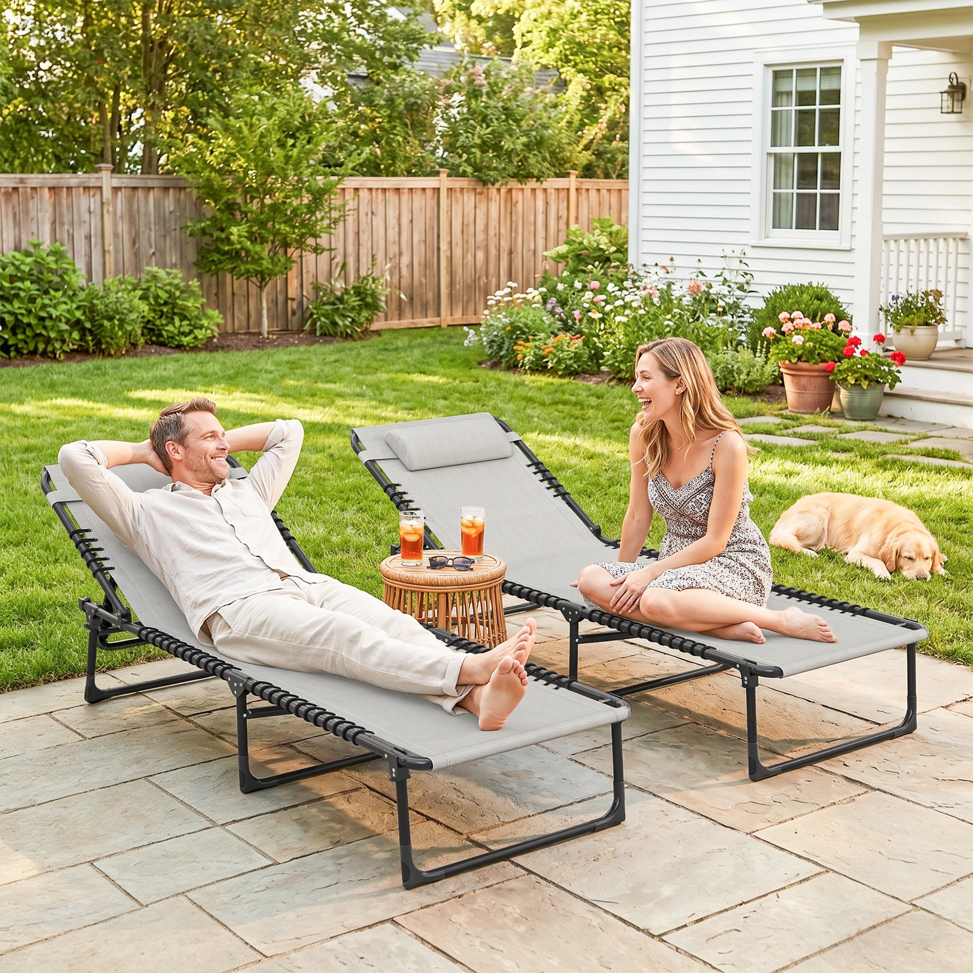2 Folding Chaise Lounge Pool Chairs with 4-Position Reclining Back, Pillow, Breathable Mesh & Bungee Seat