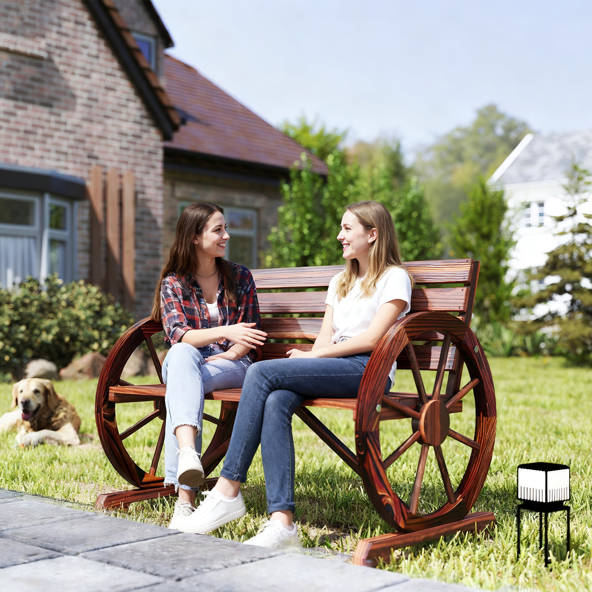 41" Wooden Wagon Wheel Bench, Rustic Outdoor Patio Bench Weather Resistance Furniture, 2-Person Slatted Seat with Backrest