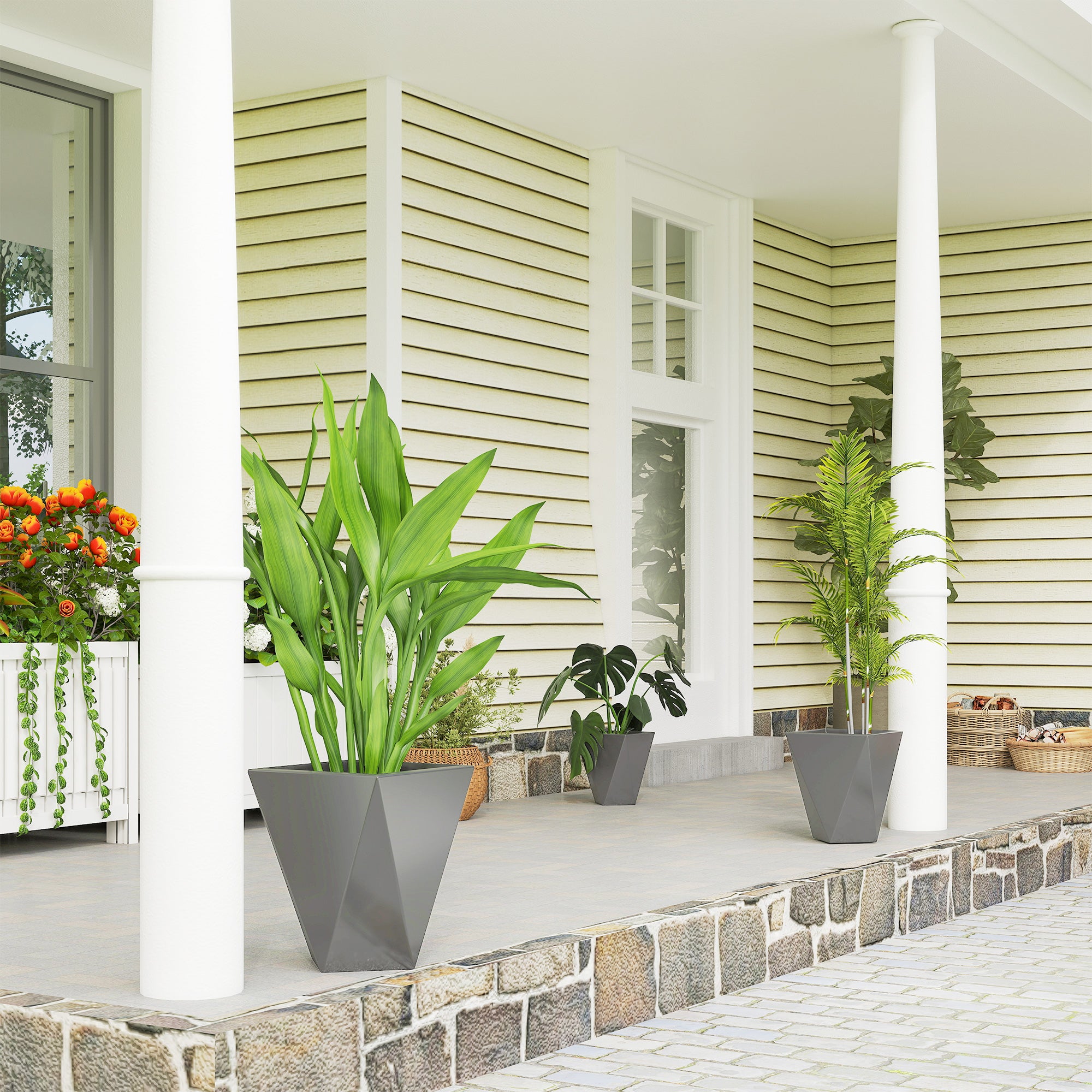 Indoor Outdoor Planters Set of 3 MgO Tall Planters Stackable Flower Pots with Drainage Holes for Garden, Balcony