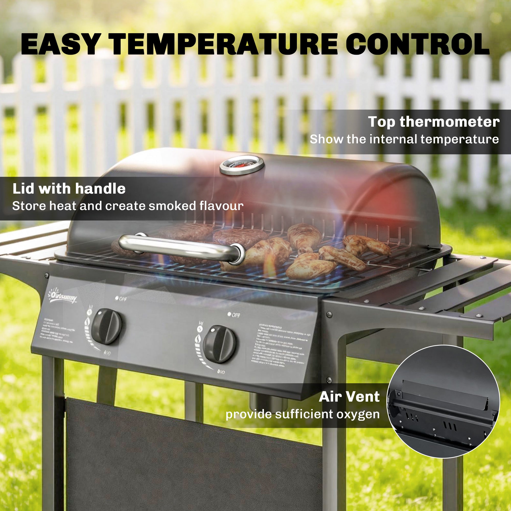 2 Burner Propane Gas Grill, 18000 BTU BBQ Grill with Wheels, Warming Rack, Shelf, Thermometer, Grease Cup, Black