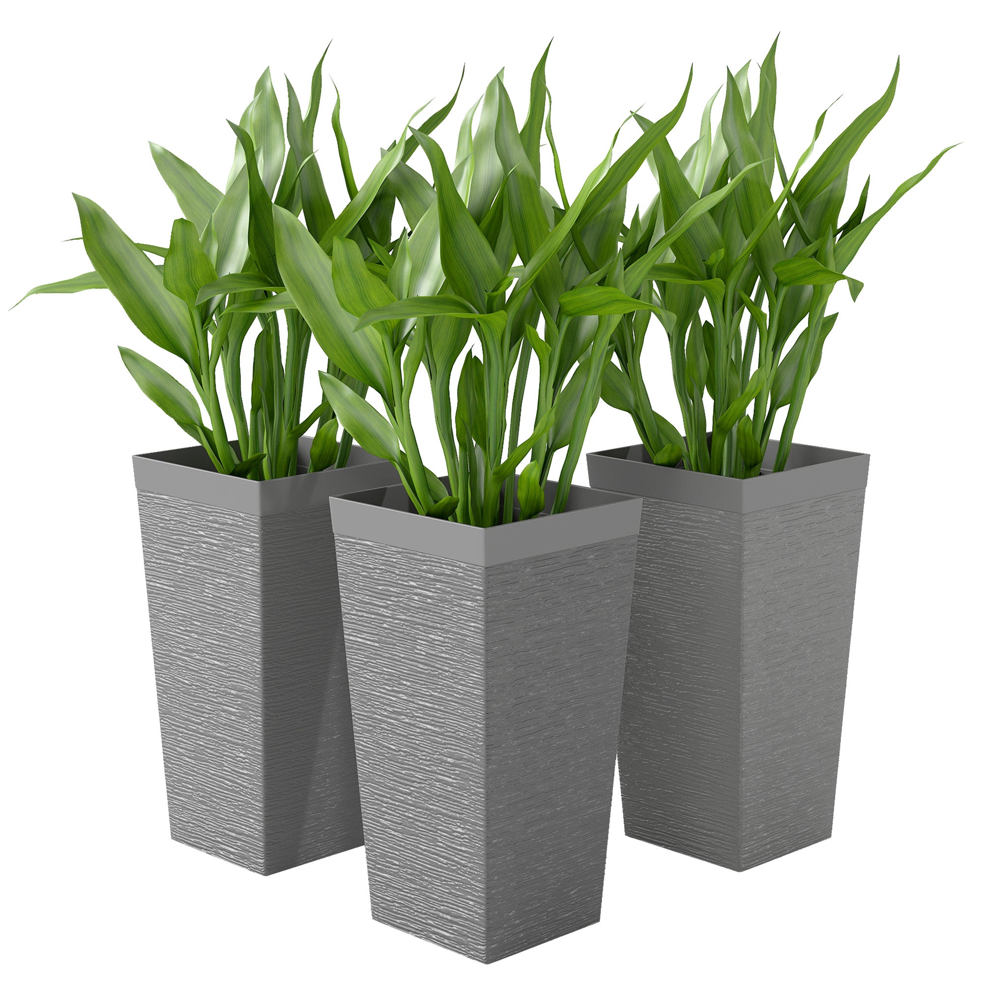 22.8 Inch Set of 3 Outdoor Planters with Stone Finish and Wheels, Stackable Tapered Planters with Drainage Hole