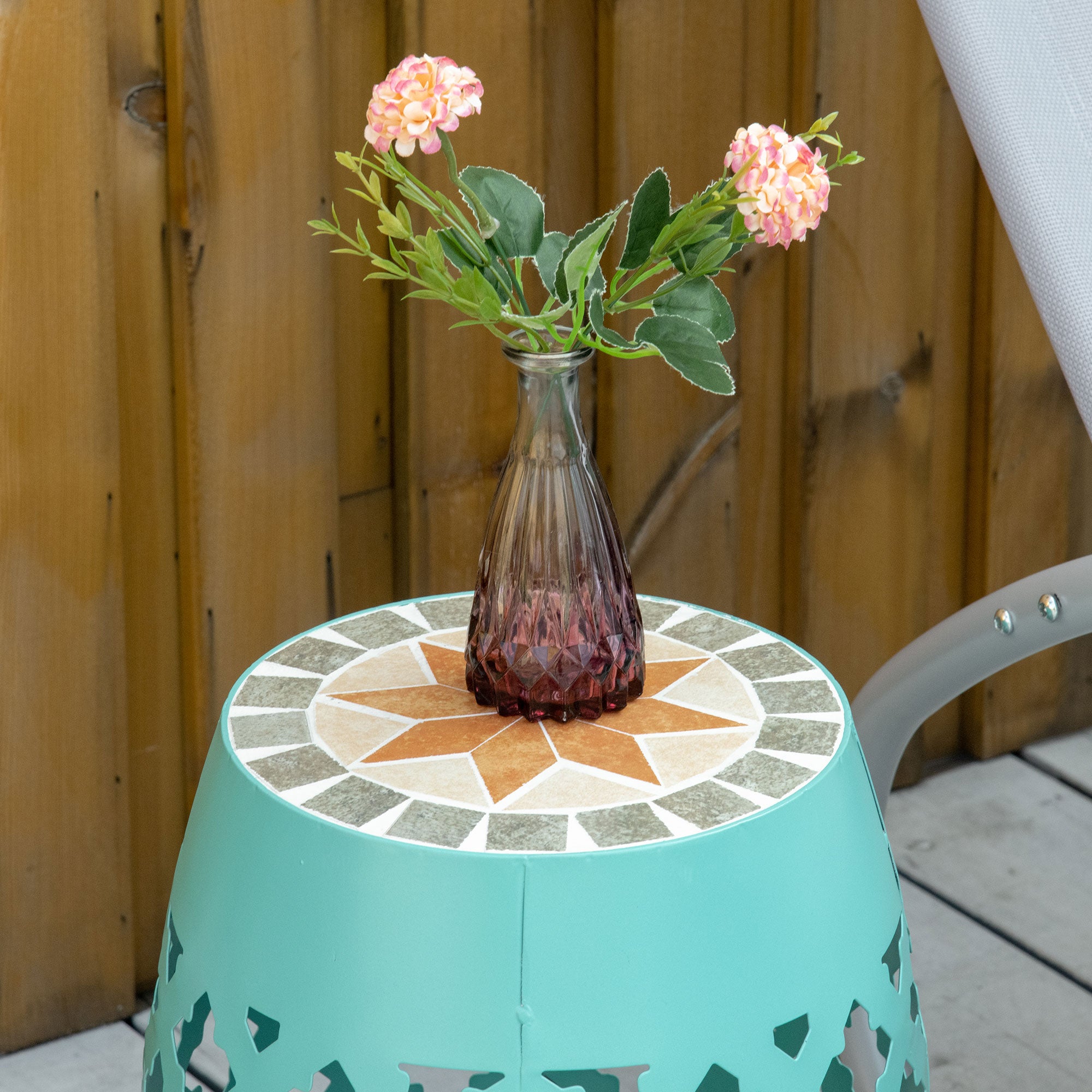 Decorative Outdoor Stool, 12" Round Patio Side Table, Mosaic Accent Plant Stand for Garden, Balcony