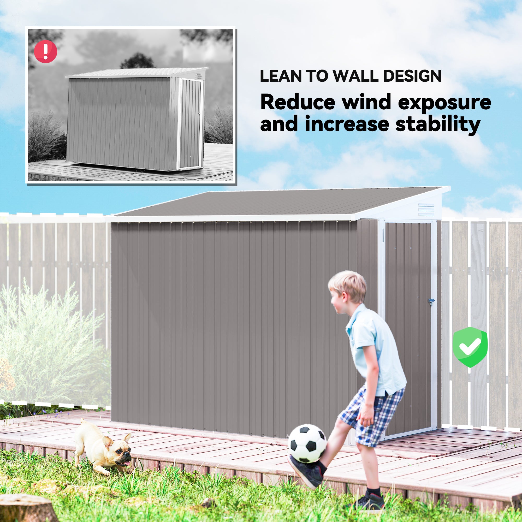 4' x 7.7' Lean to Garden Storage Shed, Outdoor Metal Tool House with Lockable Door Vents for Backyard Patio Lawn