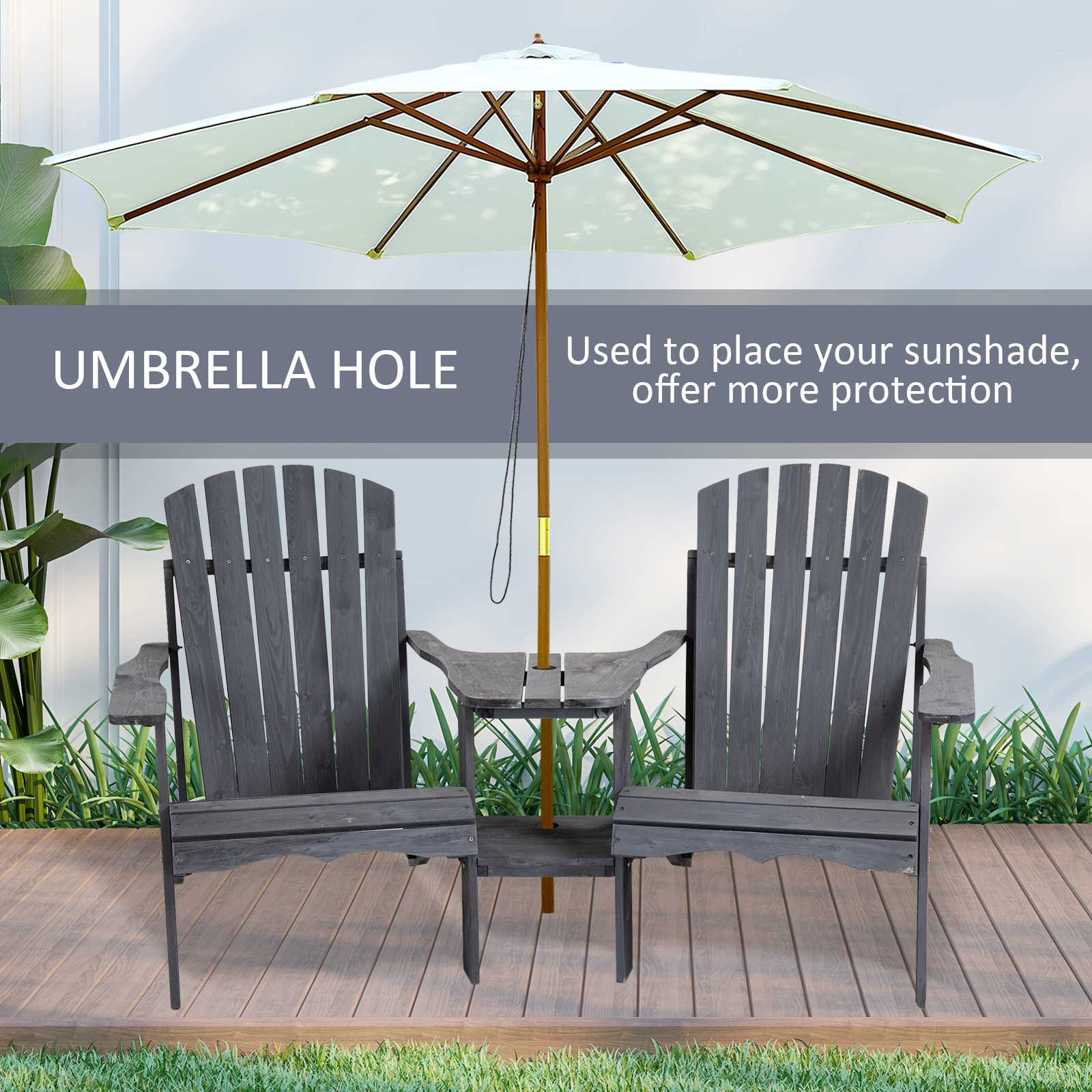 Fire Pit Seating, 2 Wooden Adirondack Chairs with Outdoor Table & Umbrella Hole, Wood 2 Person Adirondack Bench