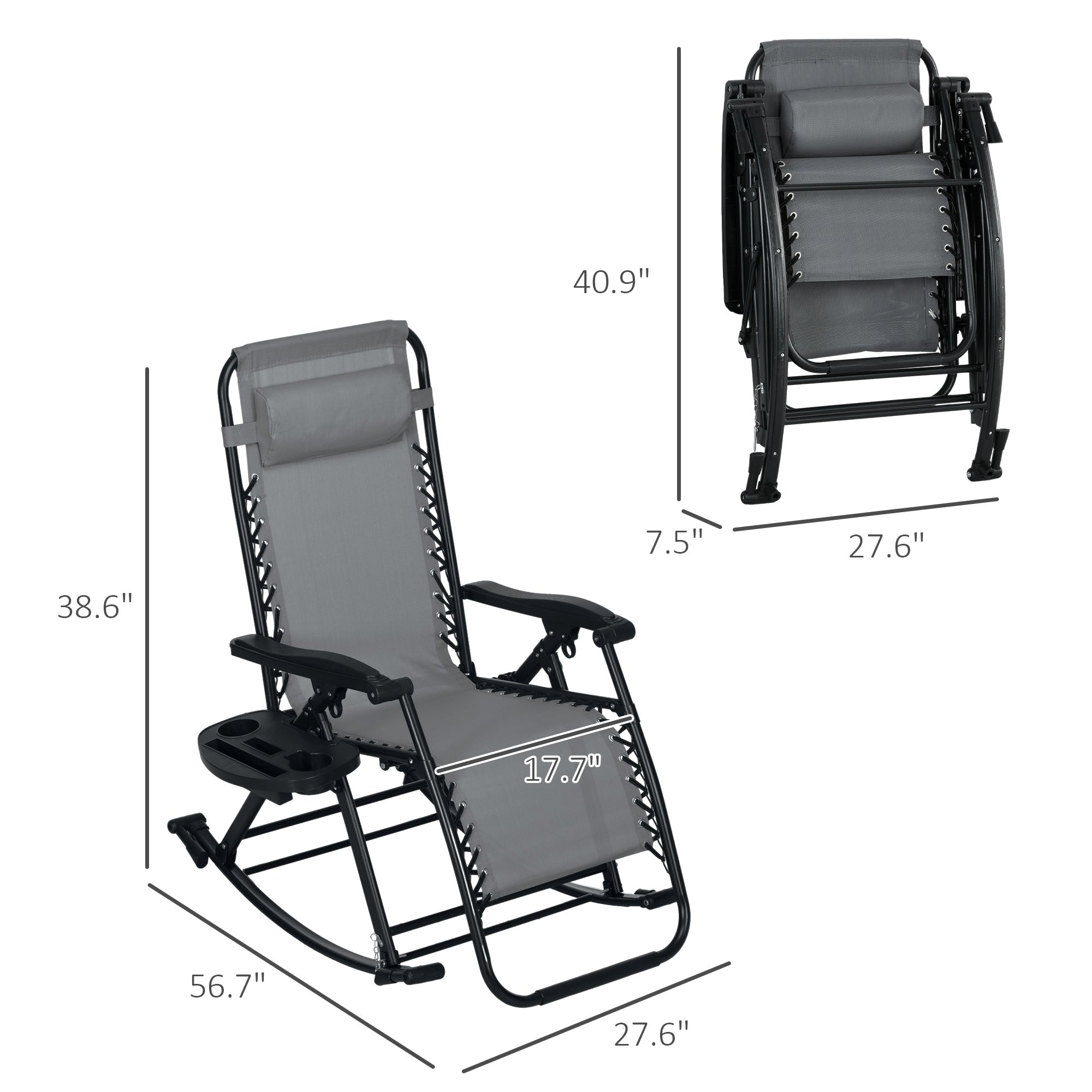 2 Outdoor Rocking Chairs Foldable Reclining Zero Gravity Lounge Rockers w/ Pillow Cup & Phone Holder