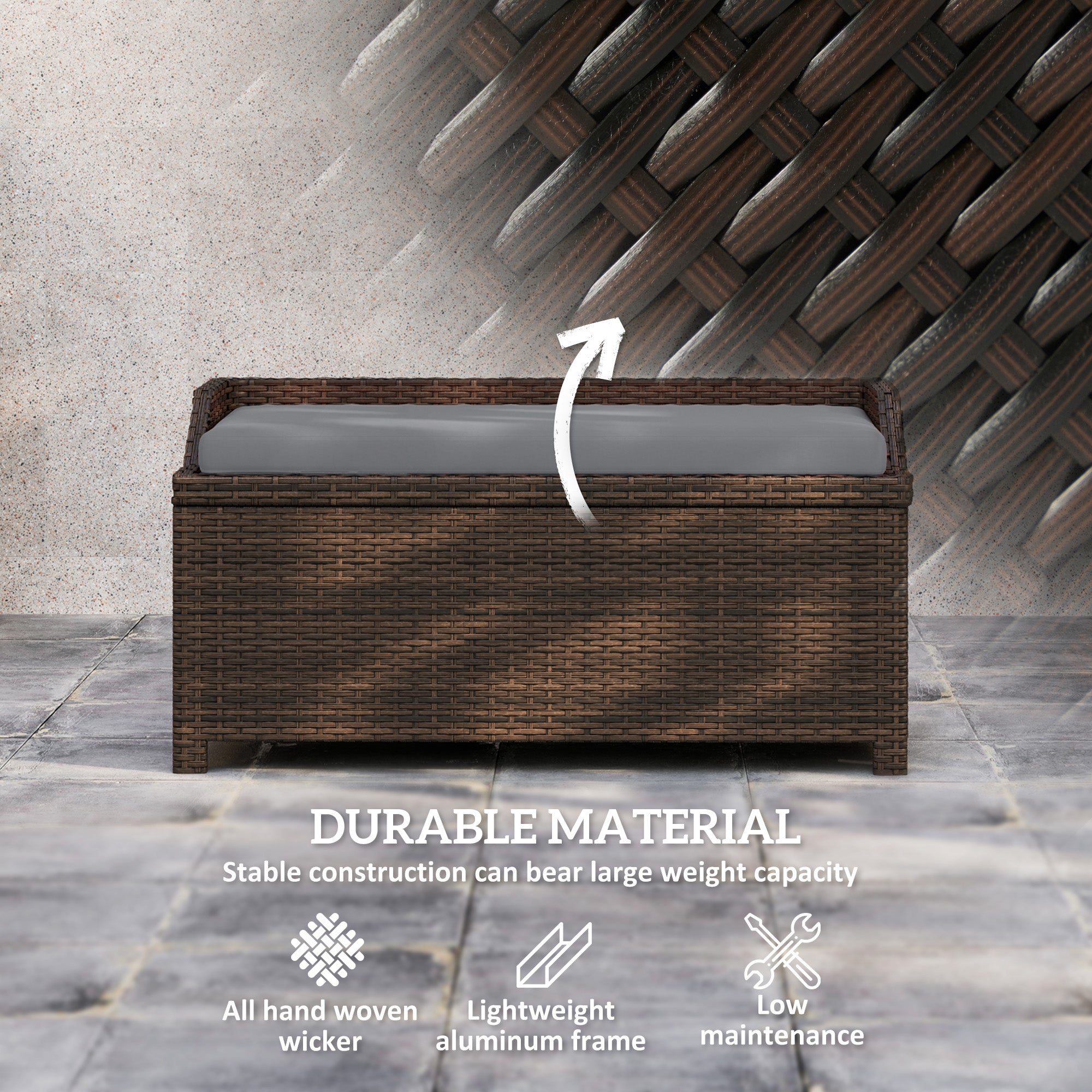 Outdoor Wicker Storage Bench with Storage & Cushion, Gray