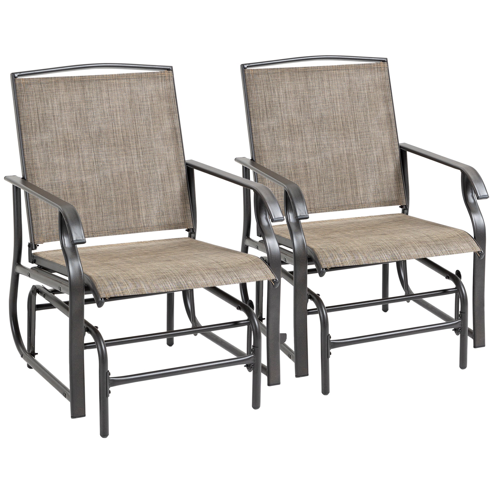 2 Piece Glider Set, Outdoor Swing Chairs, Patio Rocking Armchairs with Breathable Mesh Fabric, Steel Frame for Garden, Backyard, Patio, Dark, Brown/Khaki