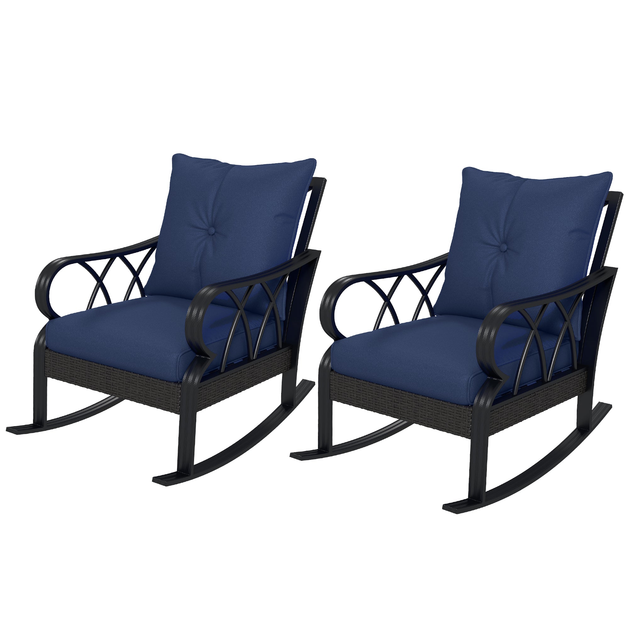 2 Piece Outdoor Wicker Rocking Chairs Rattan Porch Rockers with Cushions, Aluminum Frame for Garden, Patio, Blue