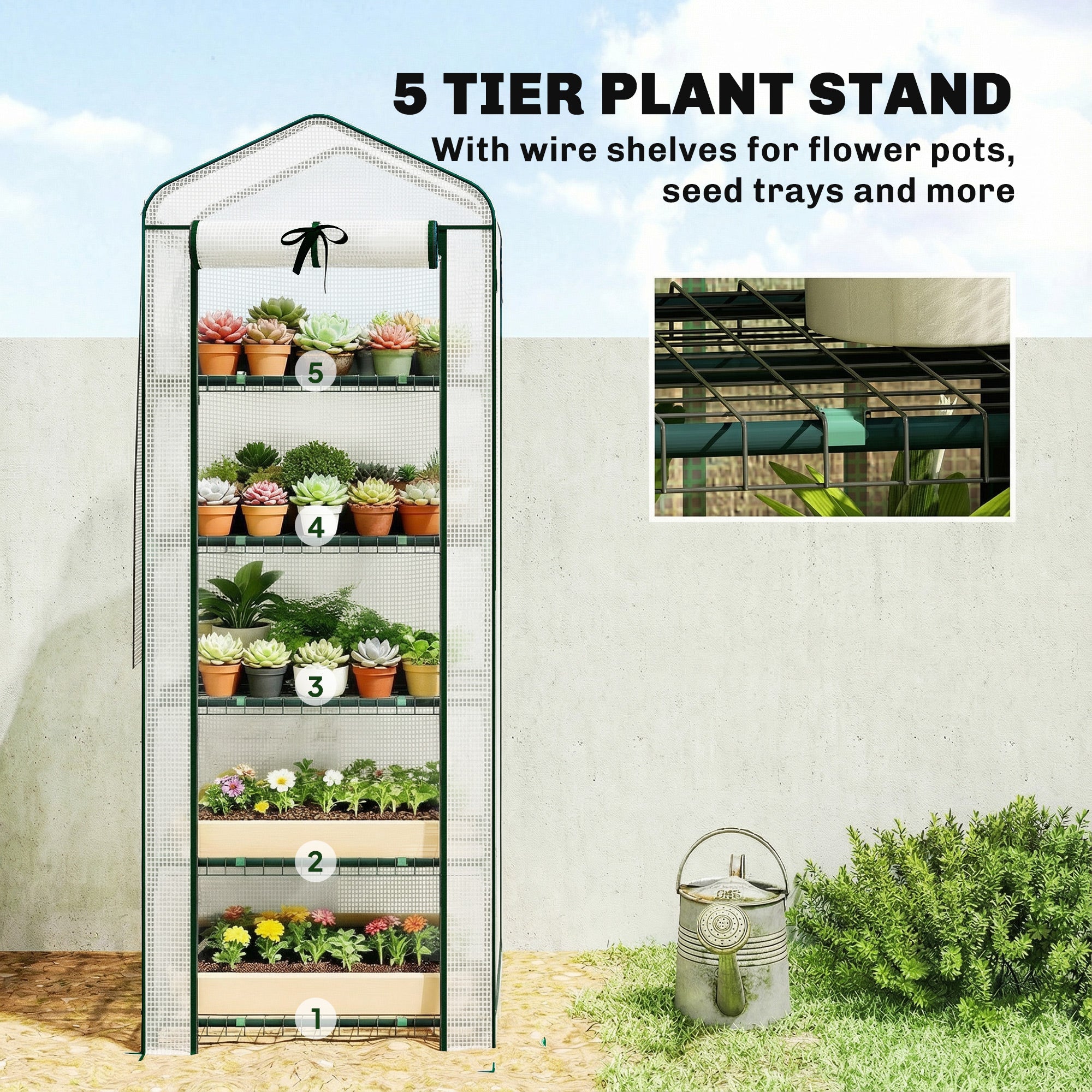 Mini Greenhouse with Screen Roof, 5 Tier Portable Small Greenhouse with High Strength PE Cover