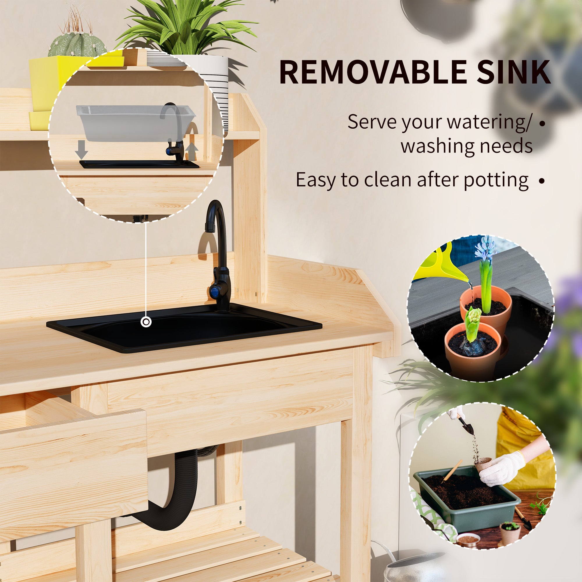 Potting Bench Table, Outdoor Garden Table Wooden Work Station with Removable Sink, Faucet, Drawer, Shelves, Hooks