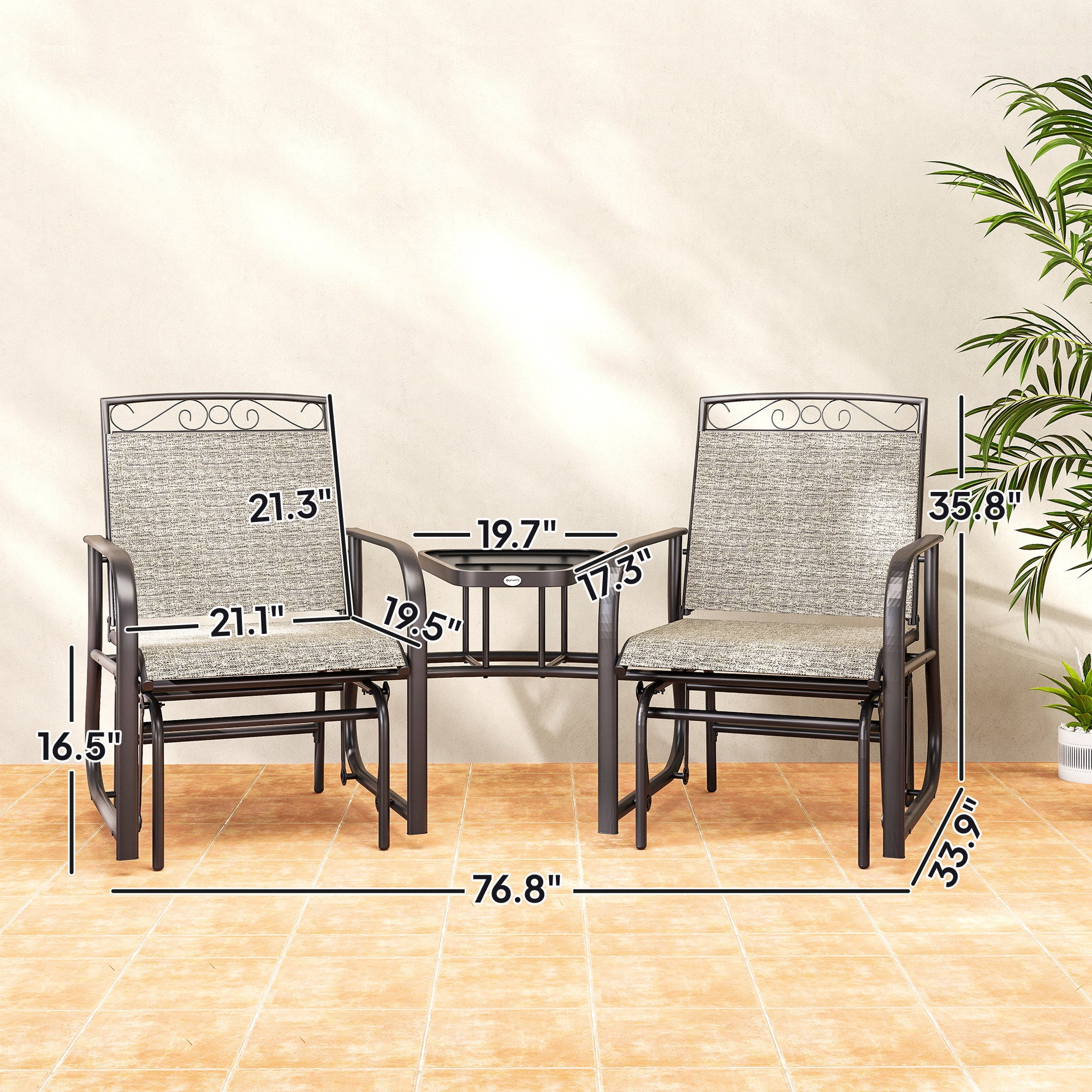 Outdoor Glider Chairs with Coffee Table, Patio 2-Seat Rocking Chair Swing with Breathable Sling for Backyard