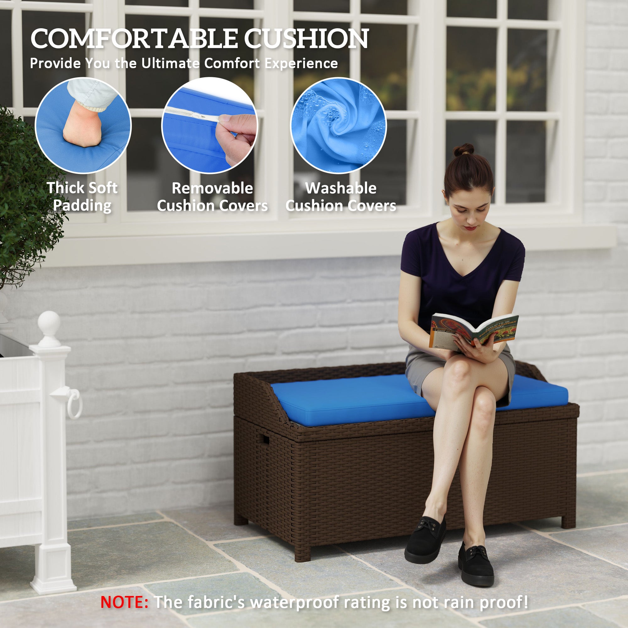 Outdoor Wicker Storage Bench with Storage & Cushion, Blue