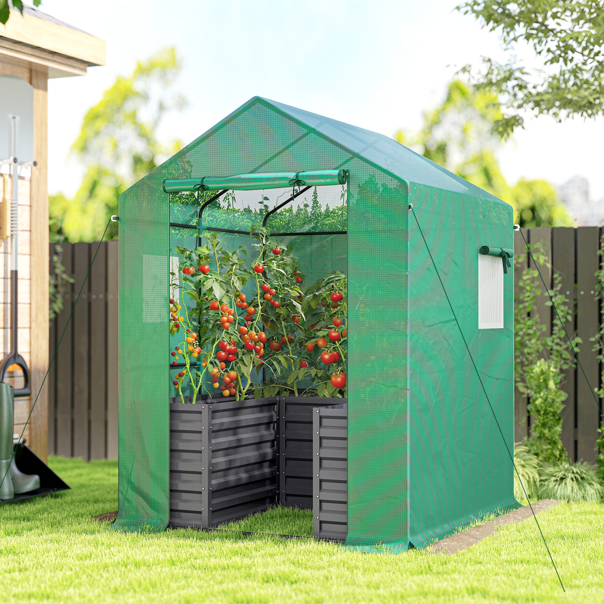 Greenhouse with Raised Garden Bed, Galvanized Steel Outdoor Greenhouse with Roll Up Door, 56" x 56" x 75"