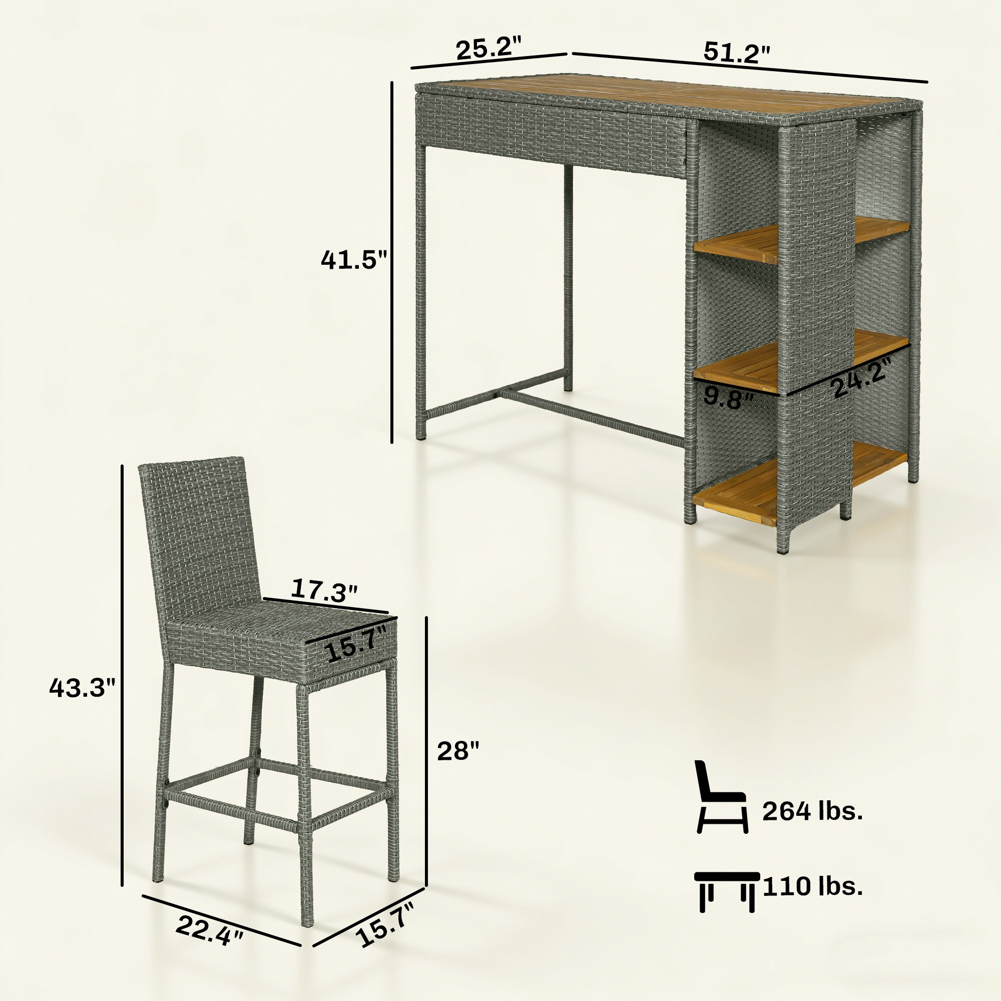 5 Piece Wicker Outdoor Bar Set, Acacia Wood Outdoor High Top Table and Chairs with 3 Tier Shelves, Cushions