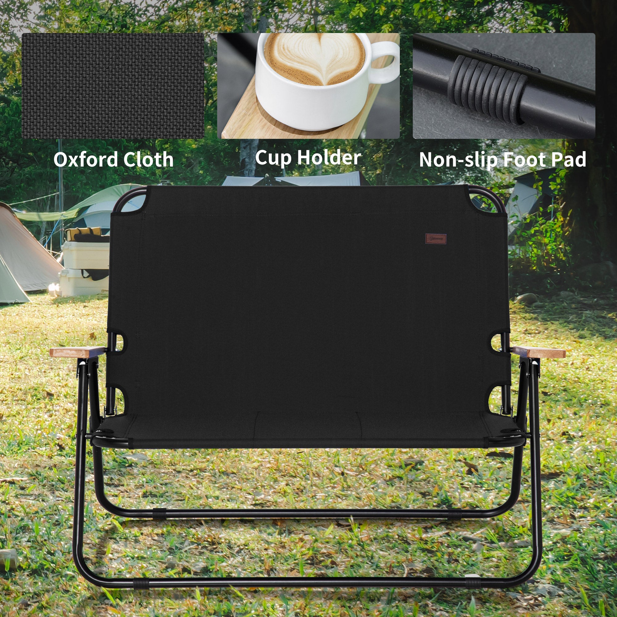 Double Folding Camping Chair, Loveseat for 2 Adults, Portable Camping Couch with Wood Armrest & Cupholders, for Backpacking, Beach, Sports Travel