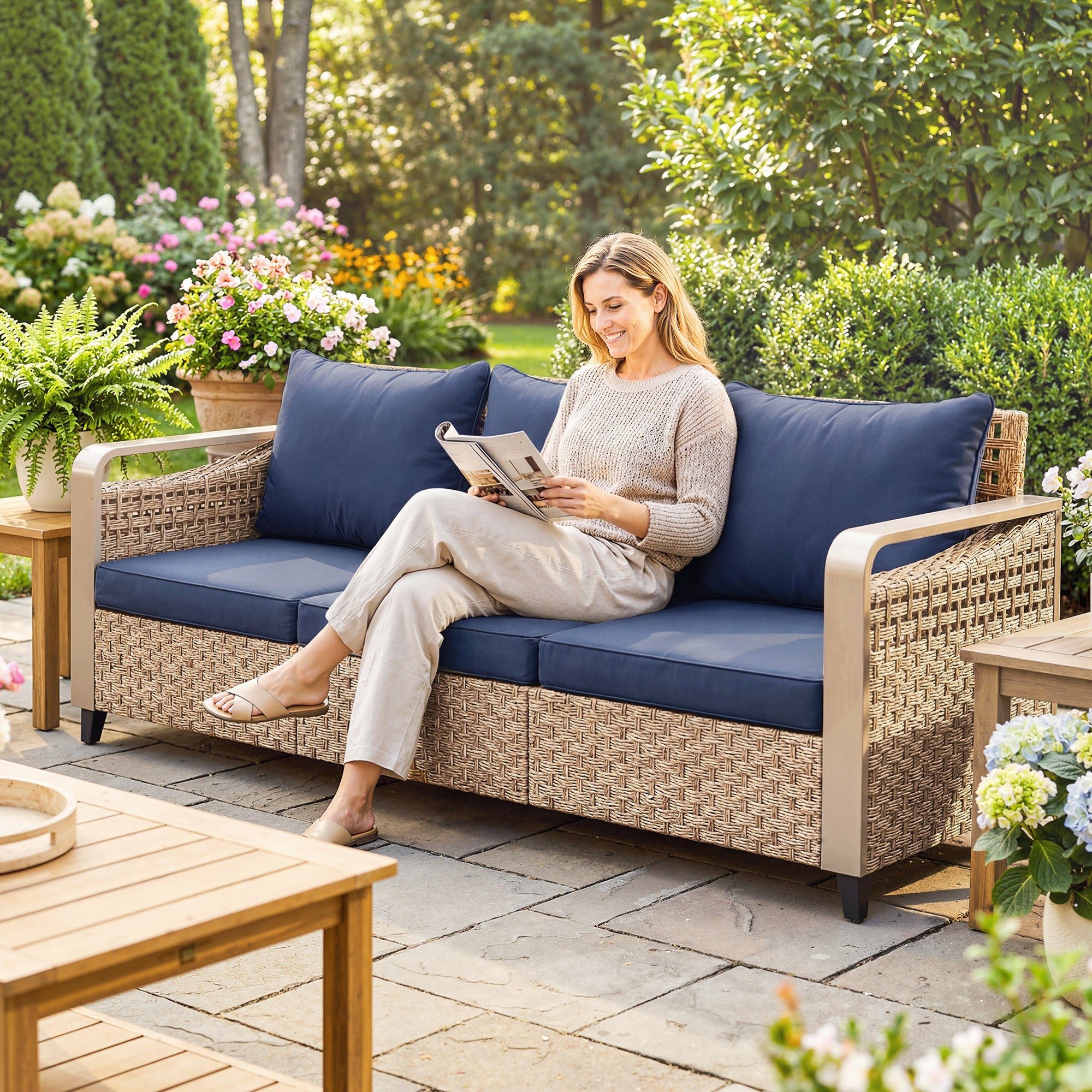 Rattan Wicker Sofa 3-Seater Outdoor Patio Sofa with Cushions for Garden Backyard Porch