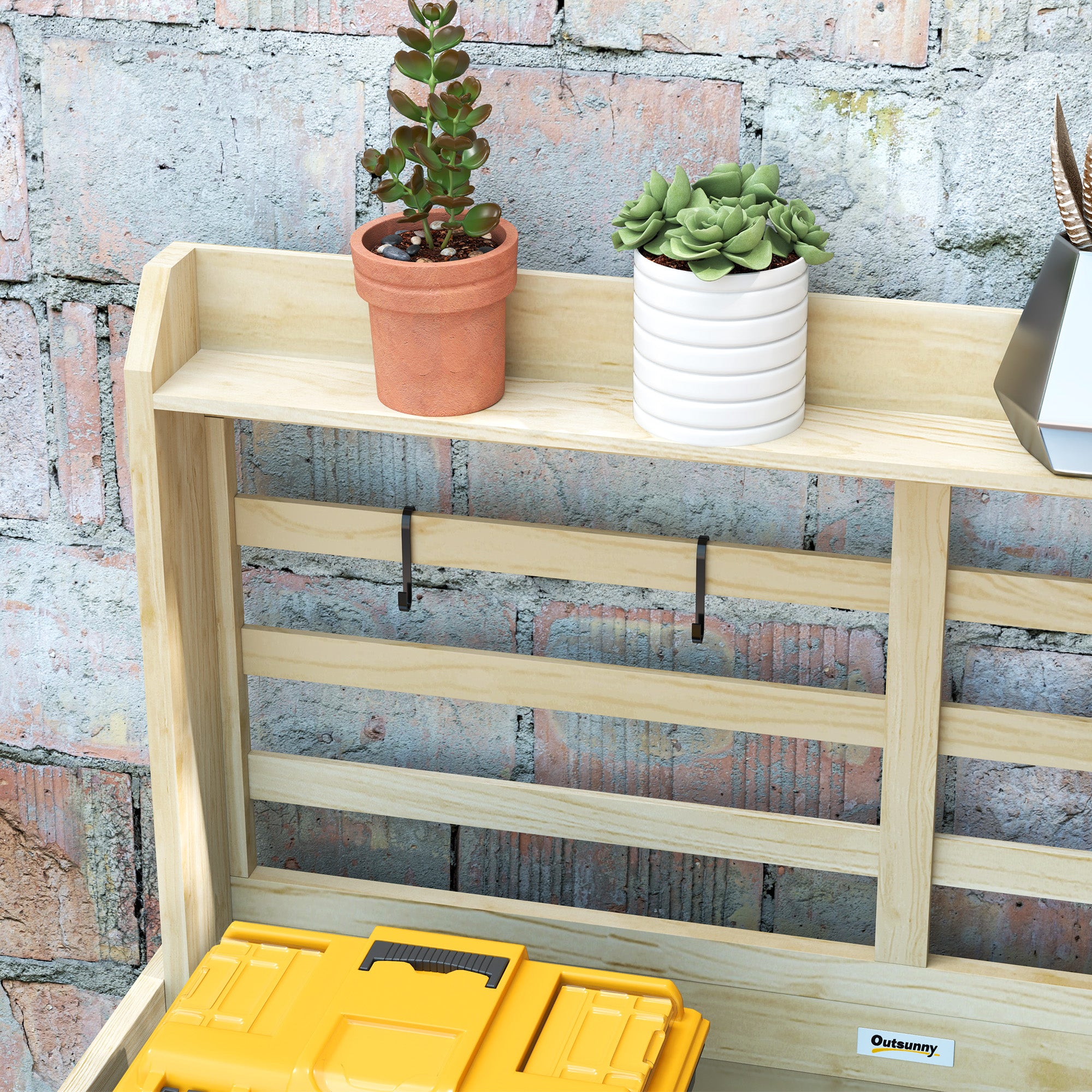 Wooden Potting Bench with Storage, Aluminum Tabletop for Backyard, Patio, Balcony