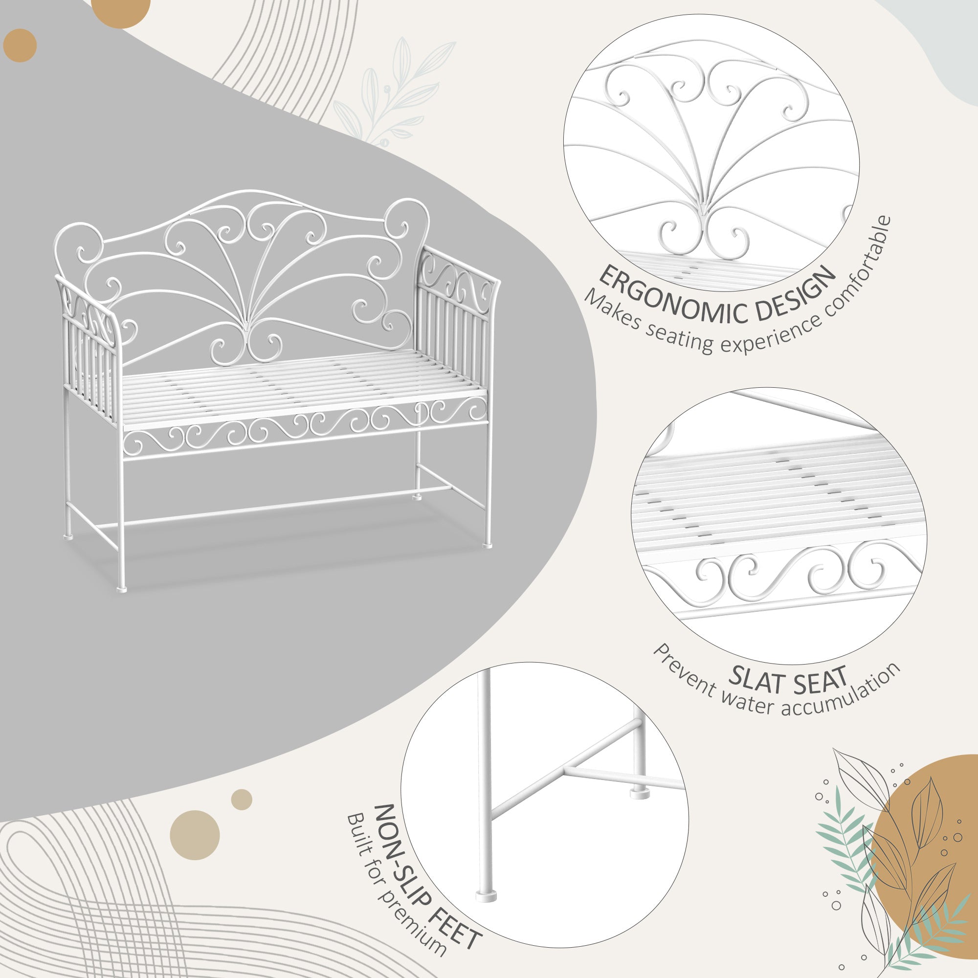 43" Garden Bench, Outdoor Patio Bench with Armrests, Metal Porch Bench for Backyard, Poolside, Lawn, Cream White