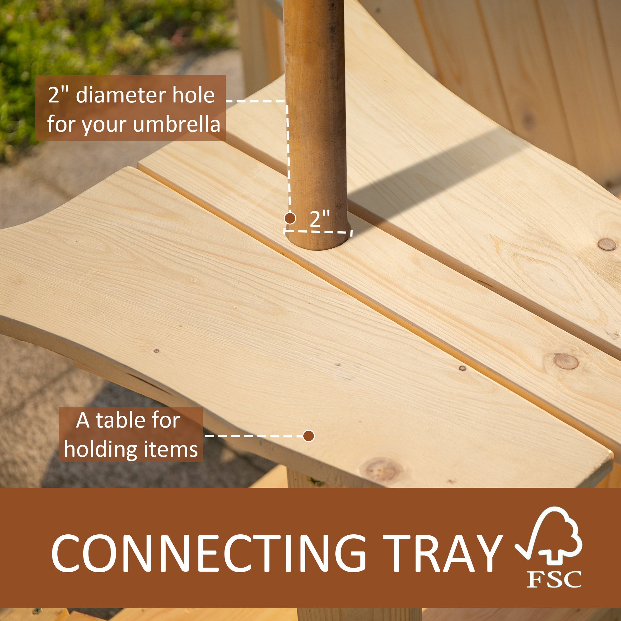 Fire Pit Seating, 2 Wooden Adirondack Chairs with Outdoor Table & Umbrella Hole, Wood 2 Person Adirondack Bench