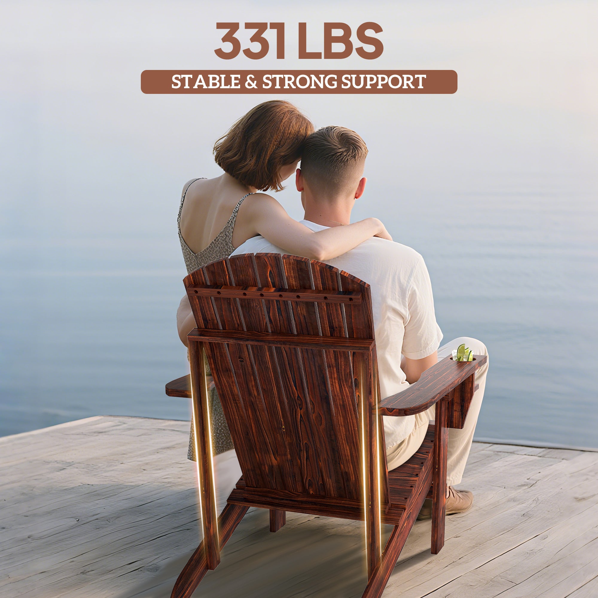 Oversized Adirondack Chair, Outdoor Fire Pit and Porch Seating, Classic Log Lounge w/ Built-in Cupholder