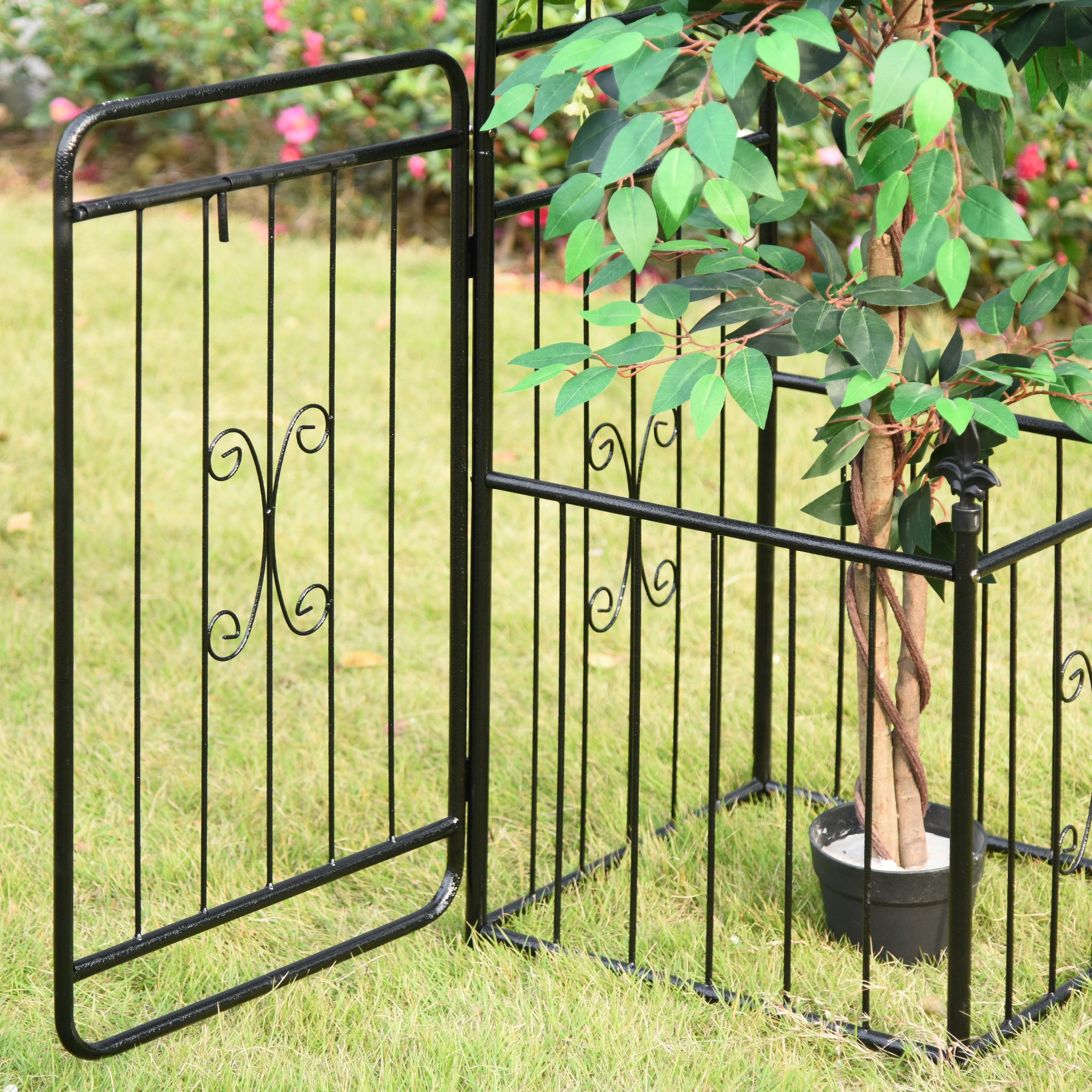 86" Garden Arch Arbor, Metal Arch Trellis with Gate and Planter Baskets, Garden Archway for Climbing Vines, Wedding Ceremony Decoration, Flourishes & Arrow Tips, Black