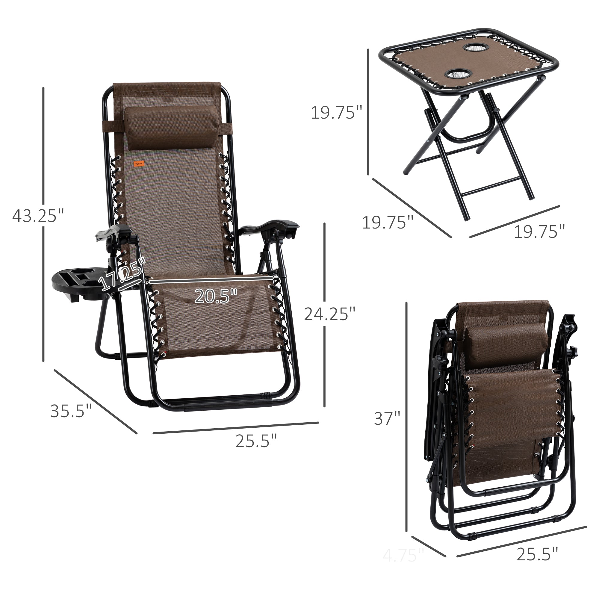 Zero Gravity Chair Set with Side Table, Folding Reclining Chair with Cupholders & Pillows, Adjustable Lounge Chairs for Pool, Backyard, Lawn, Beach