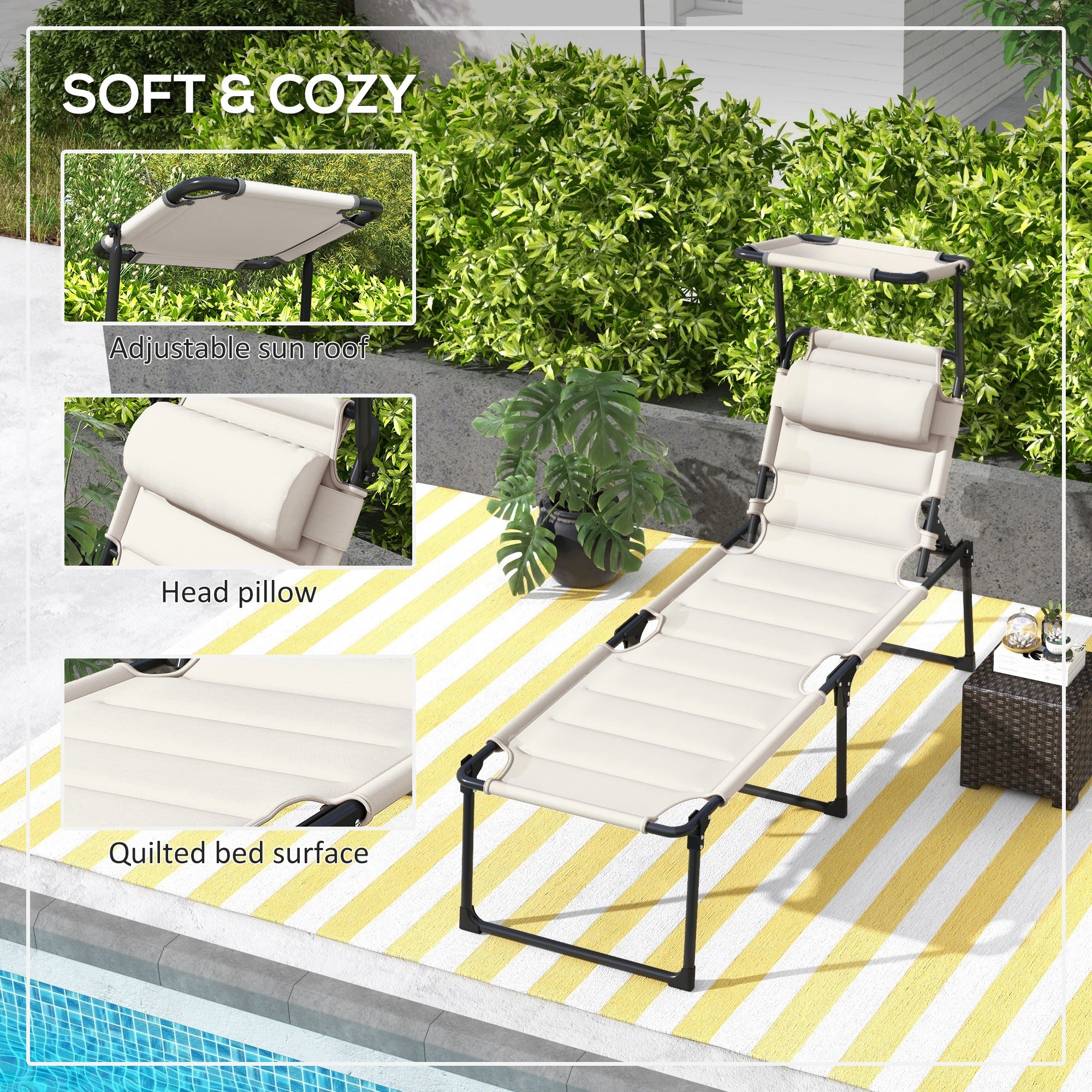 2 Pcs Outdoor Lounge Chair, 4 Position Adjustable Backrest, Folding, Cushioned w/ Sun Shade Roof & Pillow