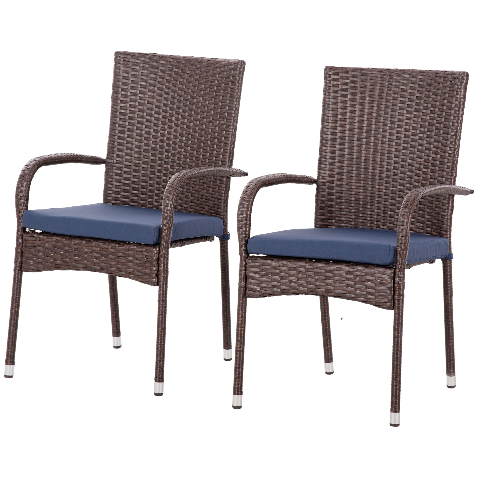 Stackable PE Rattan Outdoor Dining Chairs with Cushion, Patio Wicker Dining Chair with Armrests & Backrest
