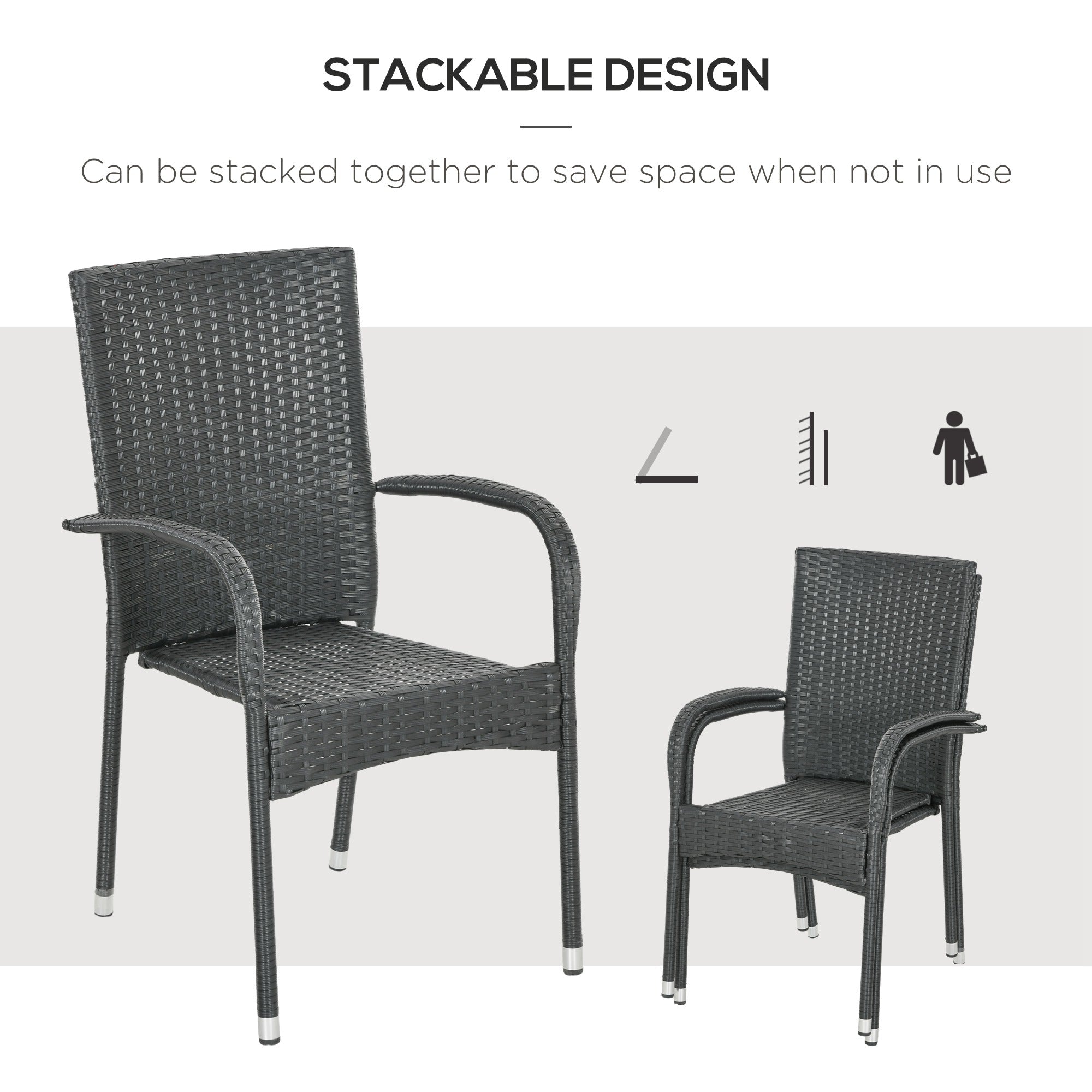Stackable PE Rattan Outdoor Dining Chairs with Cushion, Patio Wicker Dining Chair with Armrests & Backrest