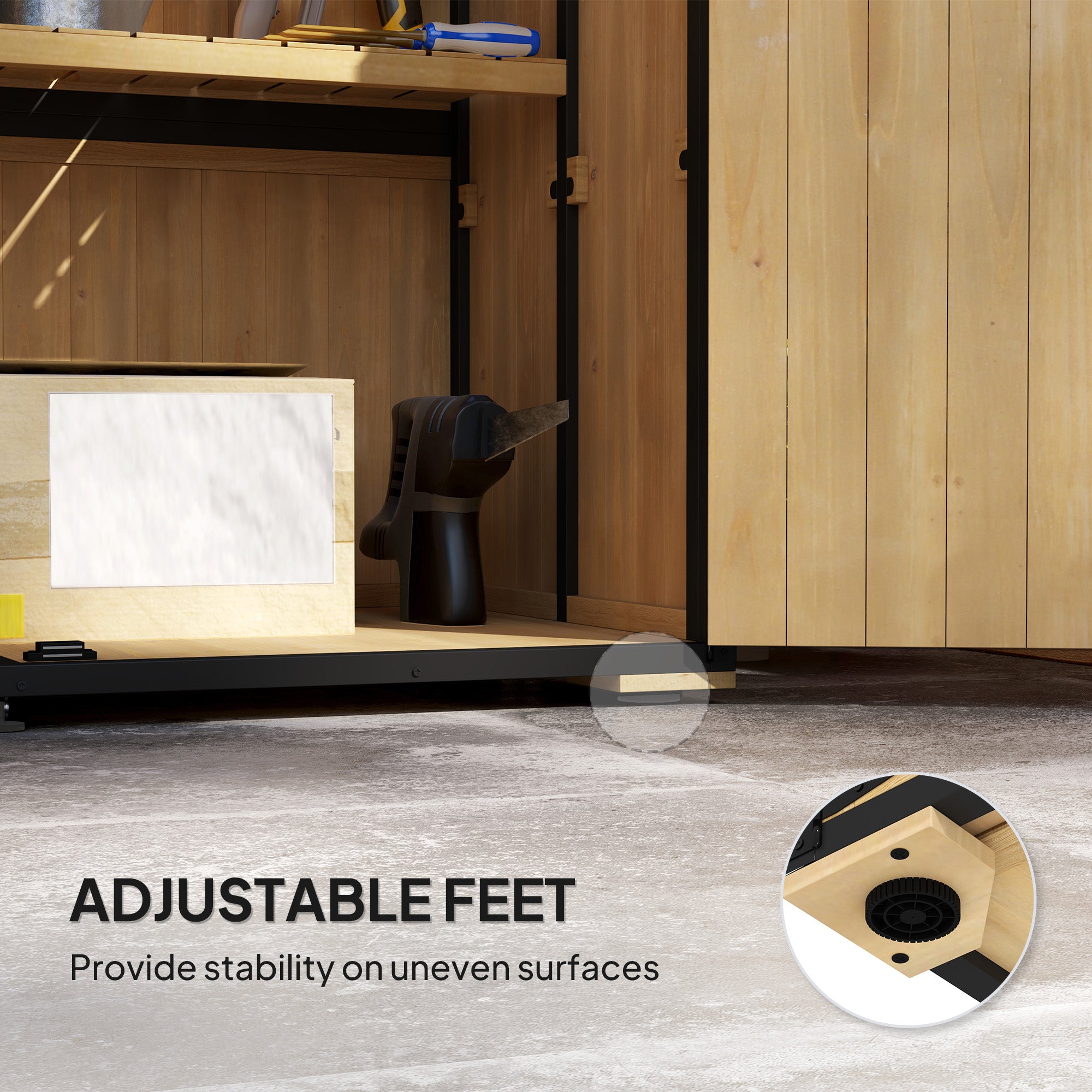 Wood Storage Shed, Outdoor Garden Shed with Asphalt Roof, 2 Shelves, Lockable Doors and Adjustable Feet