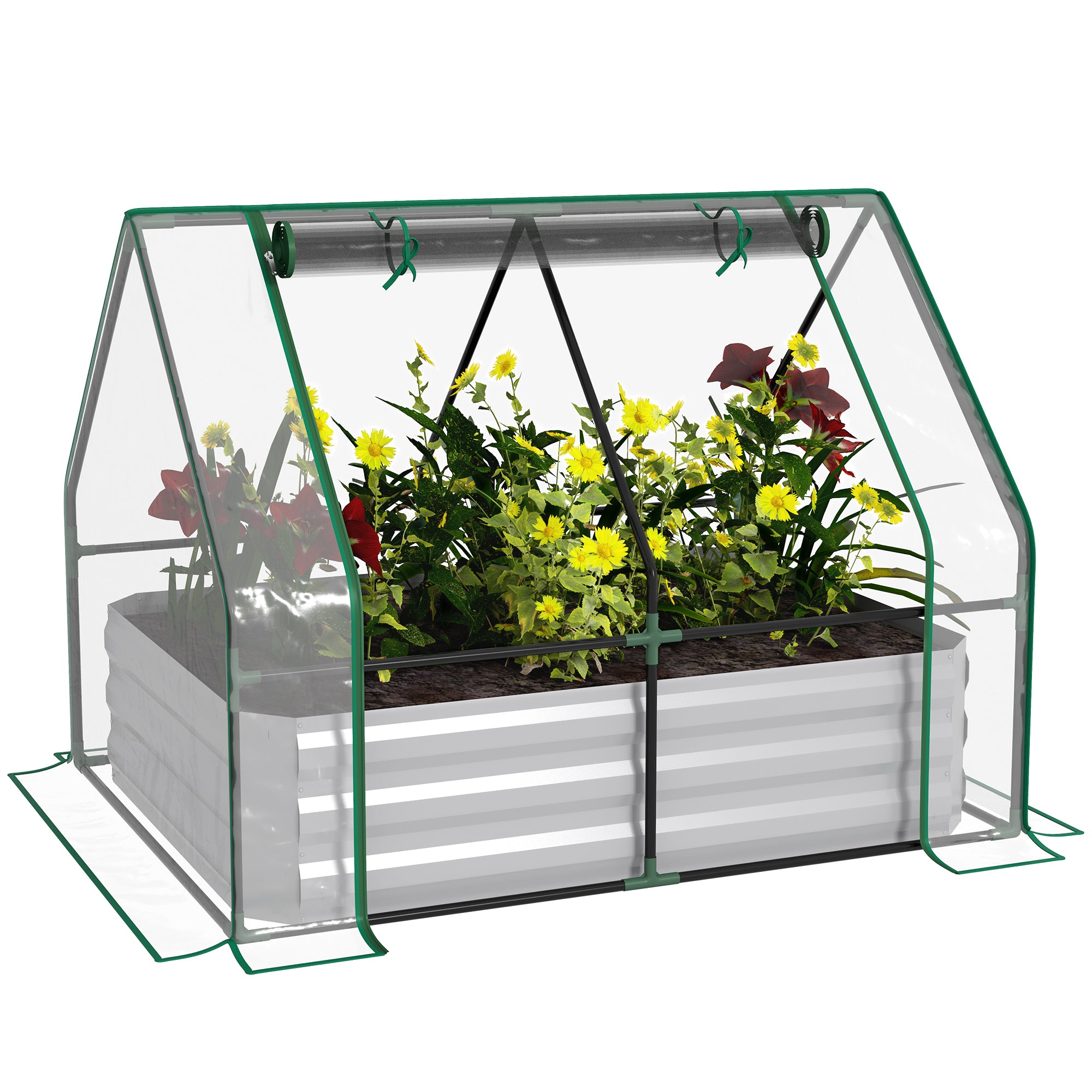 Raised Garden Bed with Cover, Outdoor Galvanized Metal Planter Box Kit, 4 x 3 ft Mini Greenhouse with 2 Large Screen Windows, for Growing Flowers, Vegetables and Herbs