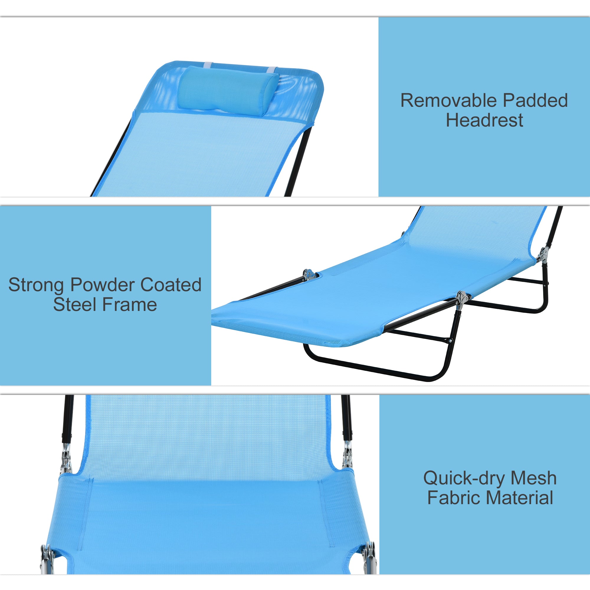 Folding Chaise Lounge Chair, Pool Sun Tanning Chair, Outdoor Lounge Chair with Reclining Back, Breathable Mesh Seat, Headrest for Beach, Yard, Patio
