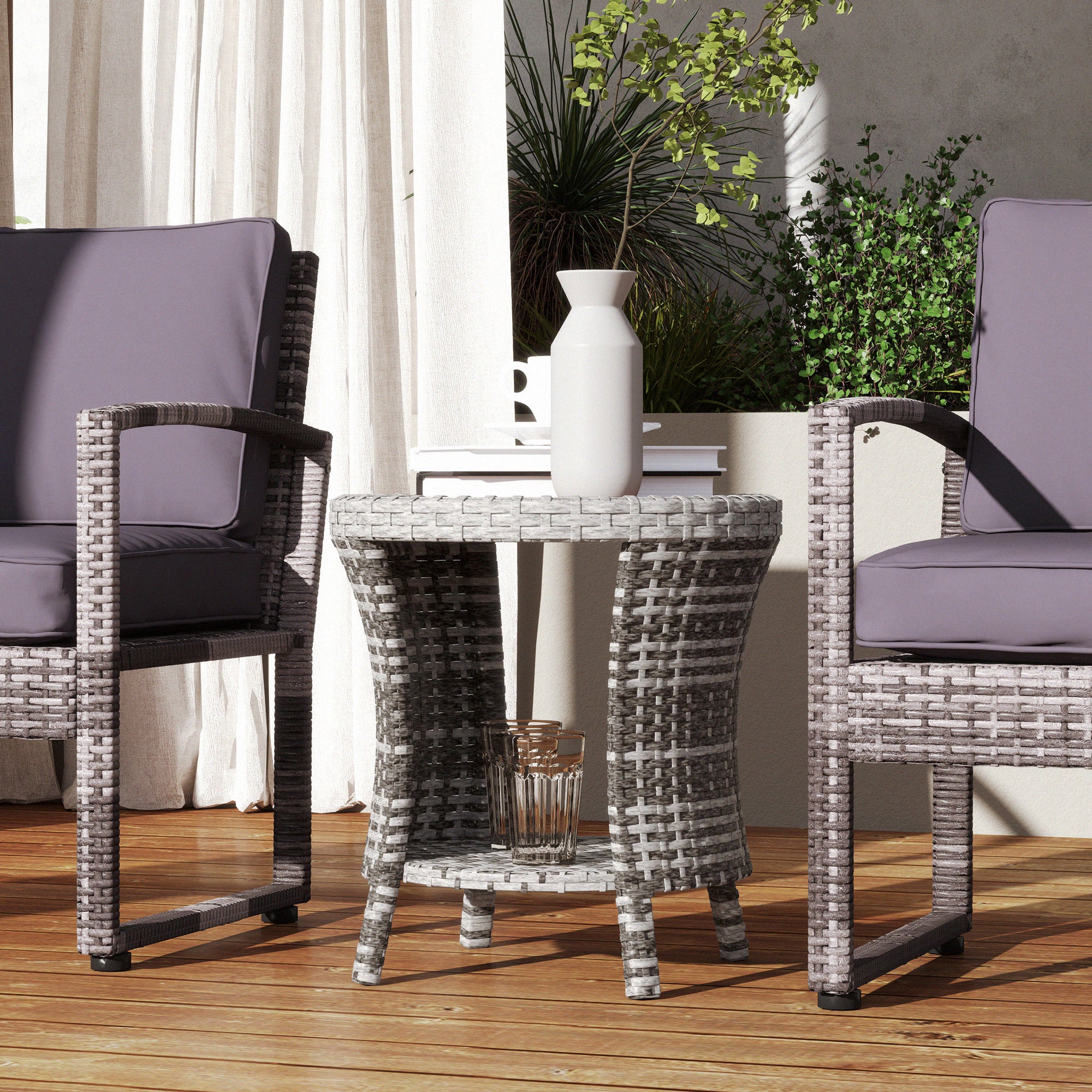18" Wicker Outdoor Coffee Table, PE Rattan Patio Side Table with 2-Tier Storage, Composite Wood Top