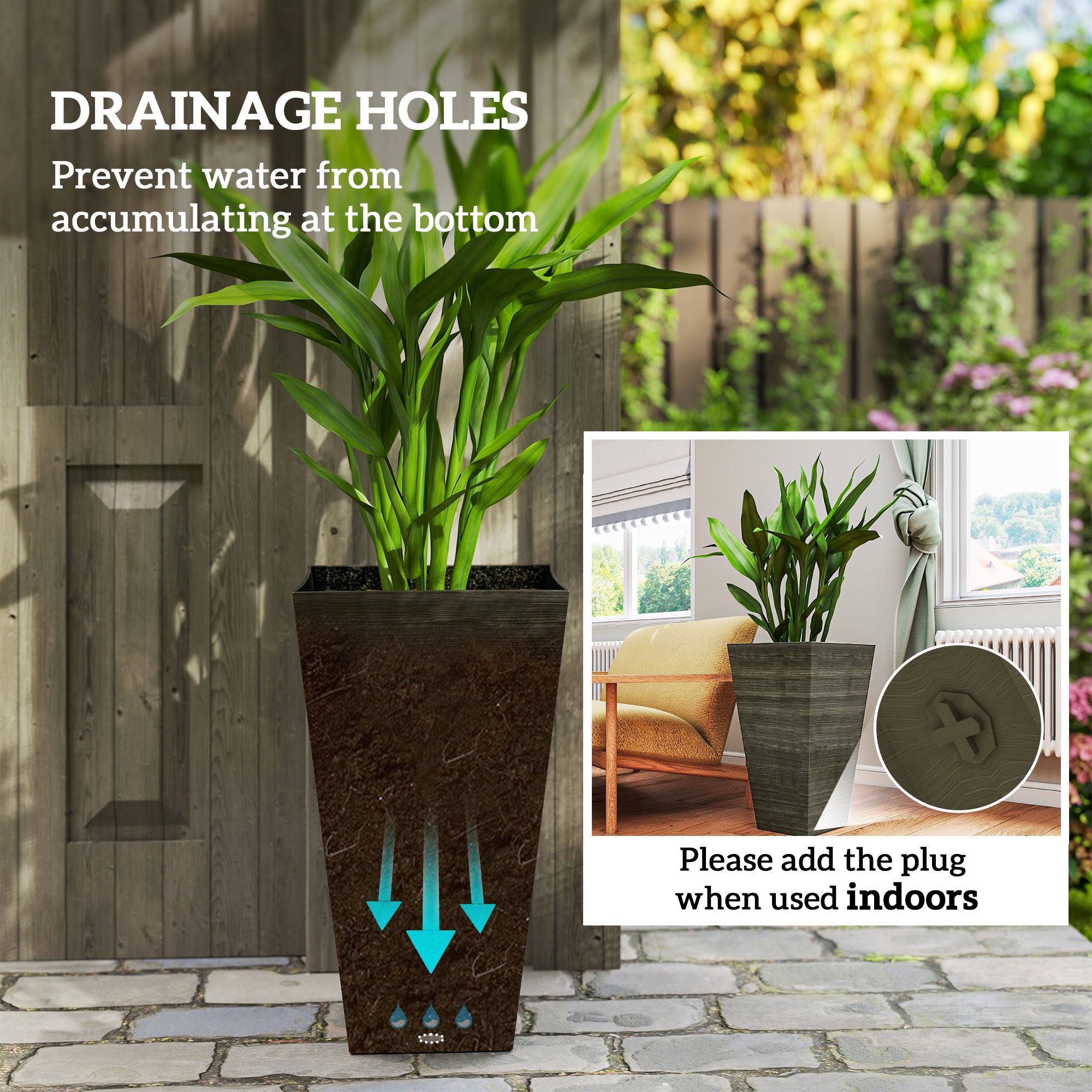 Set of 3 Tall Planters, 28" Outdoor Planter w/ Drainage Holes, Faux Wood Plastic Flower Pots