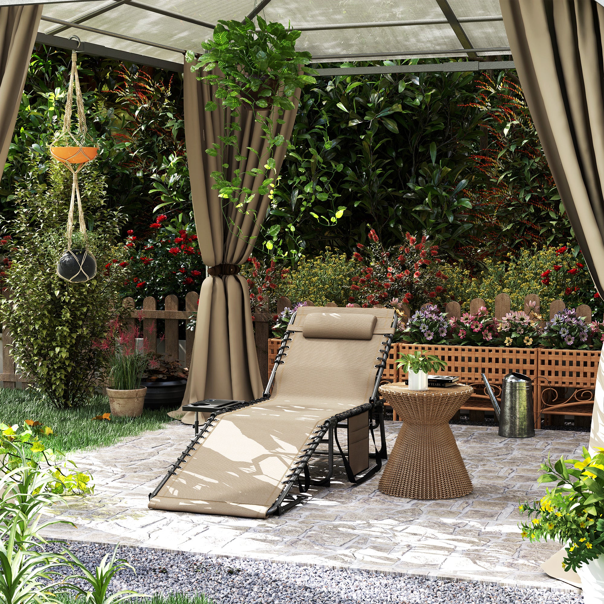 Folding Outdoor Chaise Lounge Chair Tanning Chair with 5-Level Adjustable Back, Side Table, Pillow, Pocket