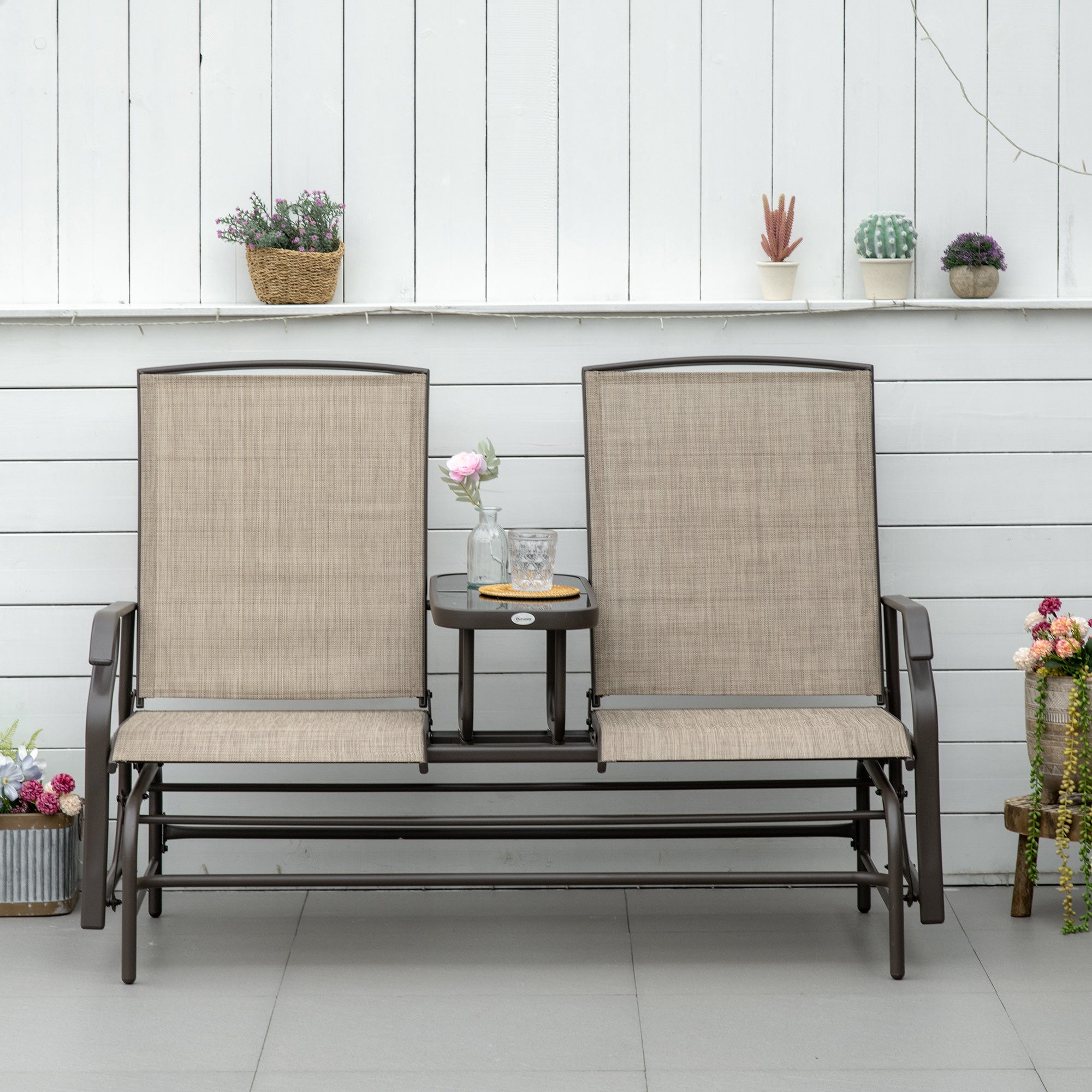 2-Seat Outdoor Glider Swing, Center Coffee Table and Independent Chairs, Supports Up to 352 lbs., Loveseat with Breathable Sling for Backyard, Garden, and Porch