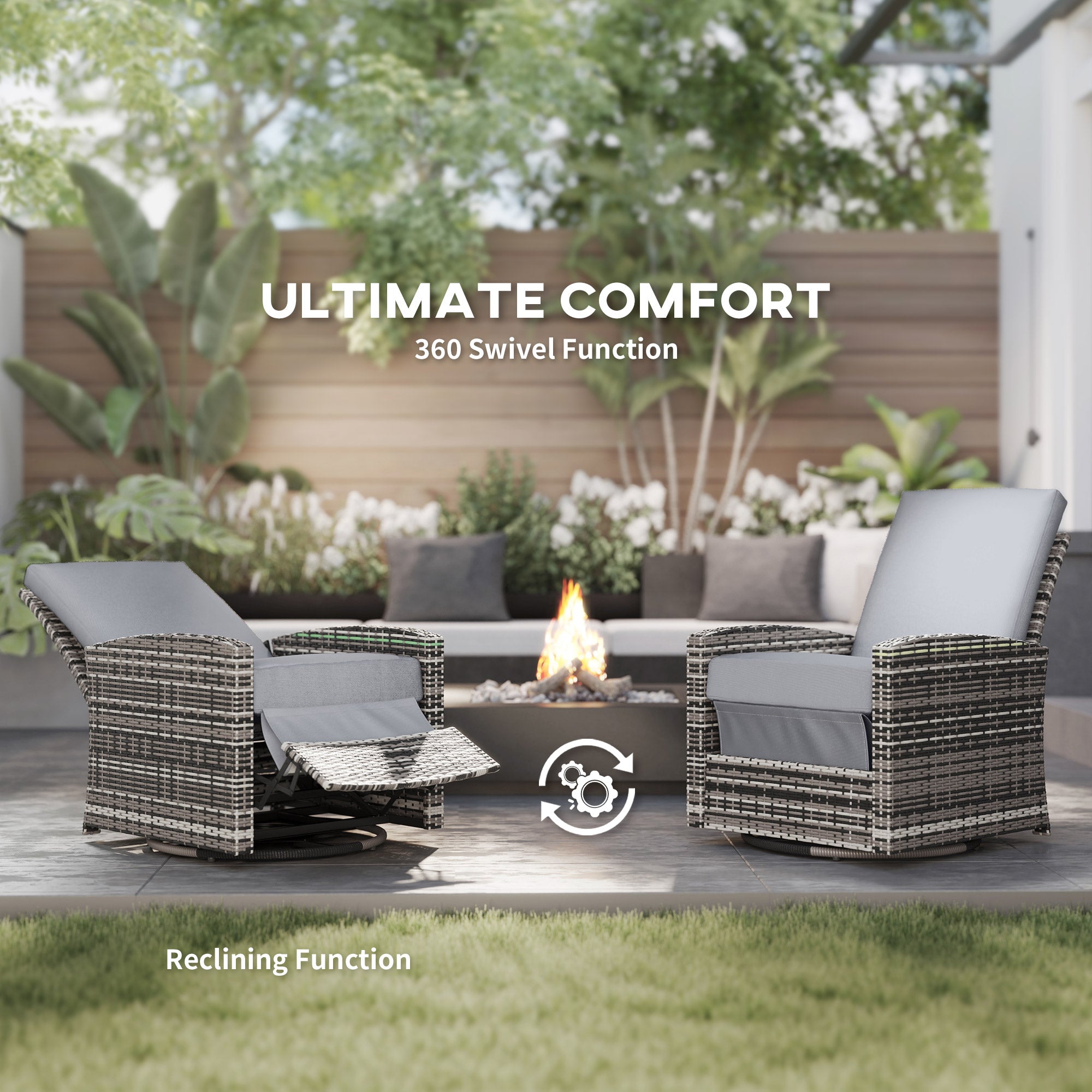 Outdoor Wicker Swivel Recliner Chair, Reclining Backrest, Lifting Footrest, 360° Rotating Basic, Water Resistant Cushions for Patio