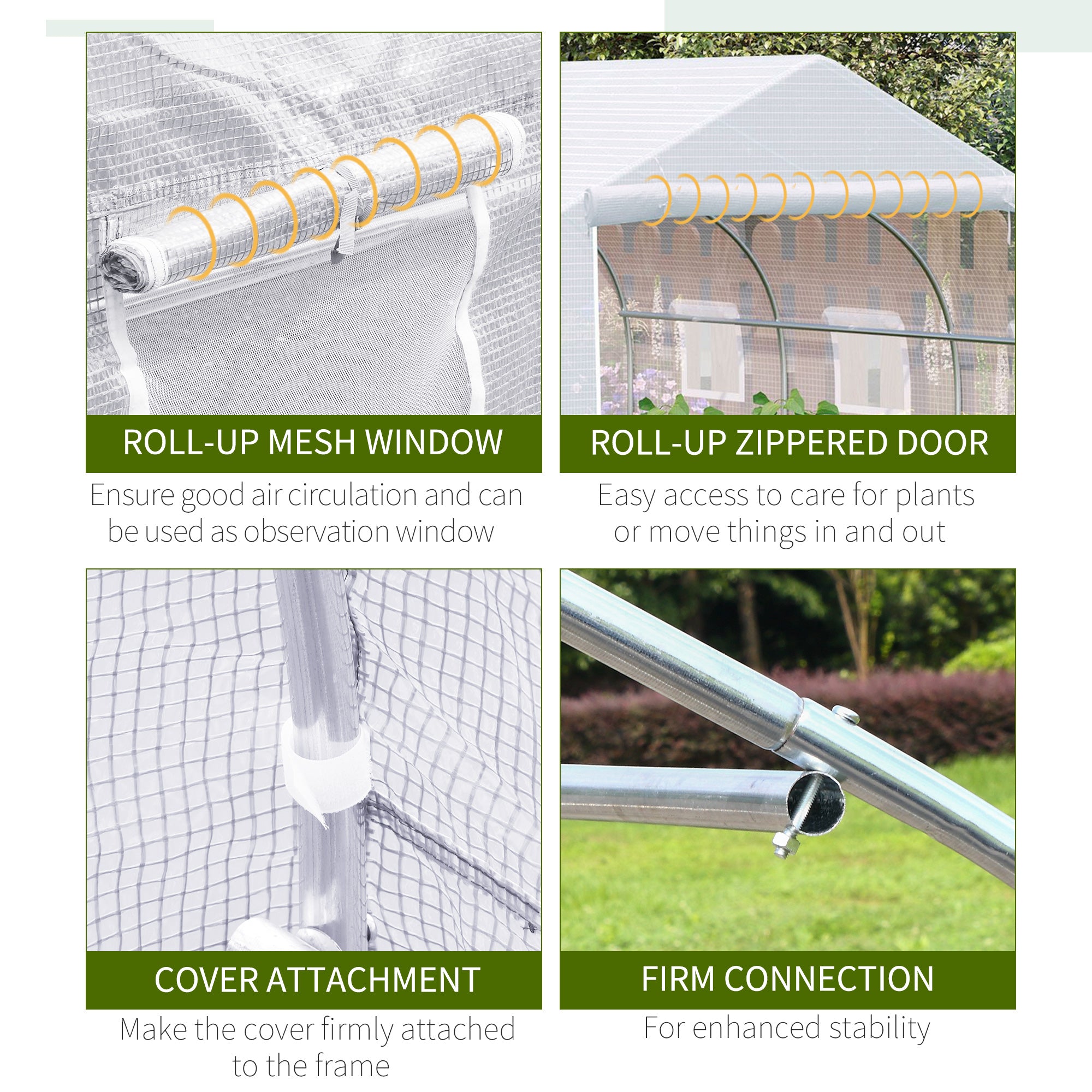 11.5' x 10' x 6.5' Outdoor Walk-in Greenhouse, Tunnel Green House with Roll-up Windows, Zippered Door, PE Cover, Heavy Duty Steel Frame, White
