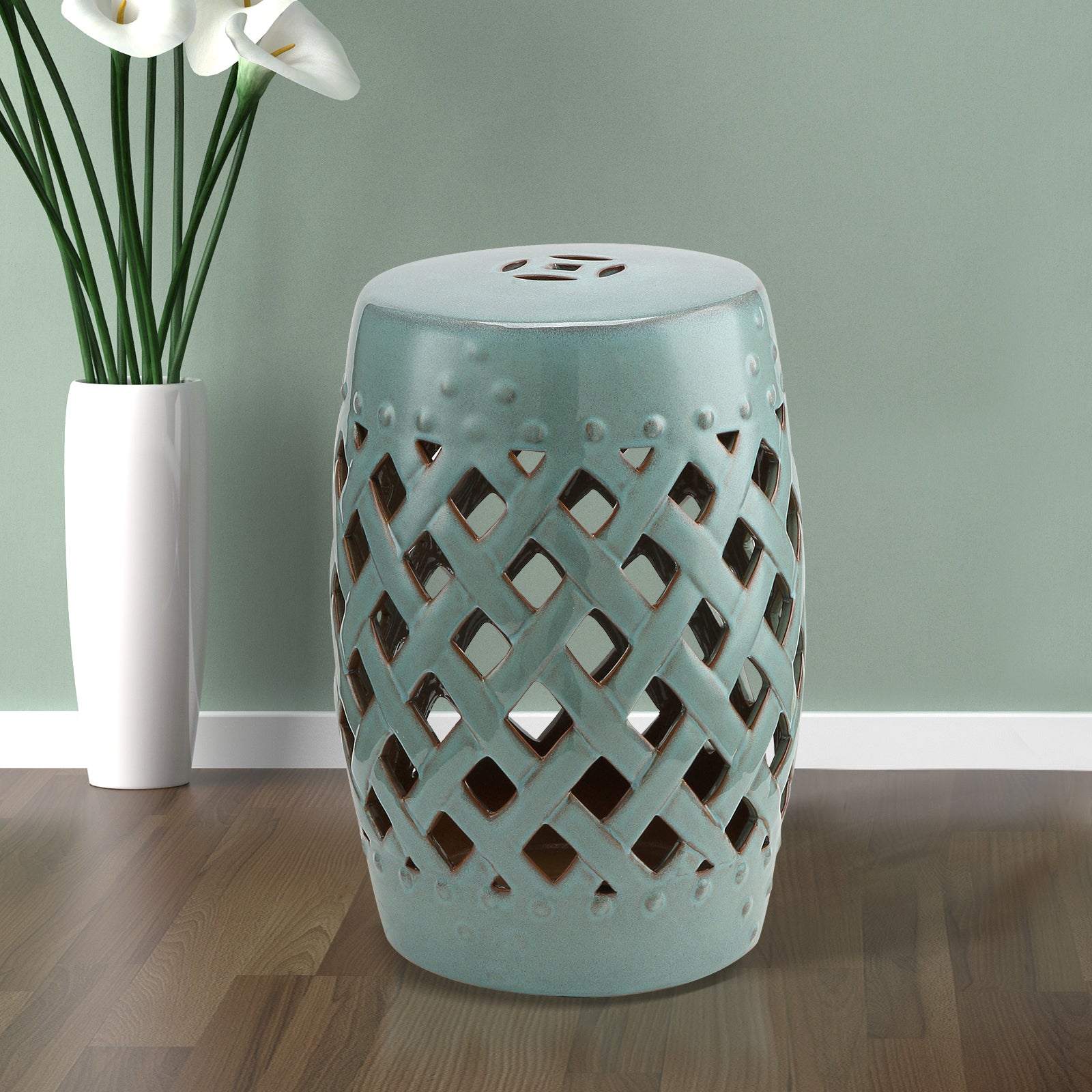 13" x 18" Ceramic Garden Stool with Woven Lattice Design & Glazed Strong Materials Decorative Outdoor Stool