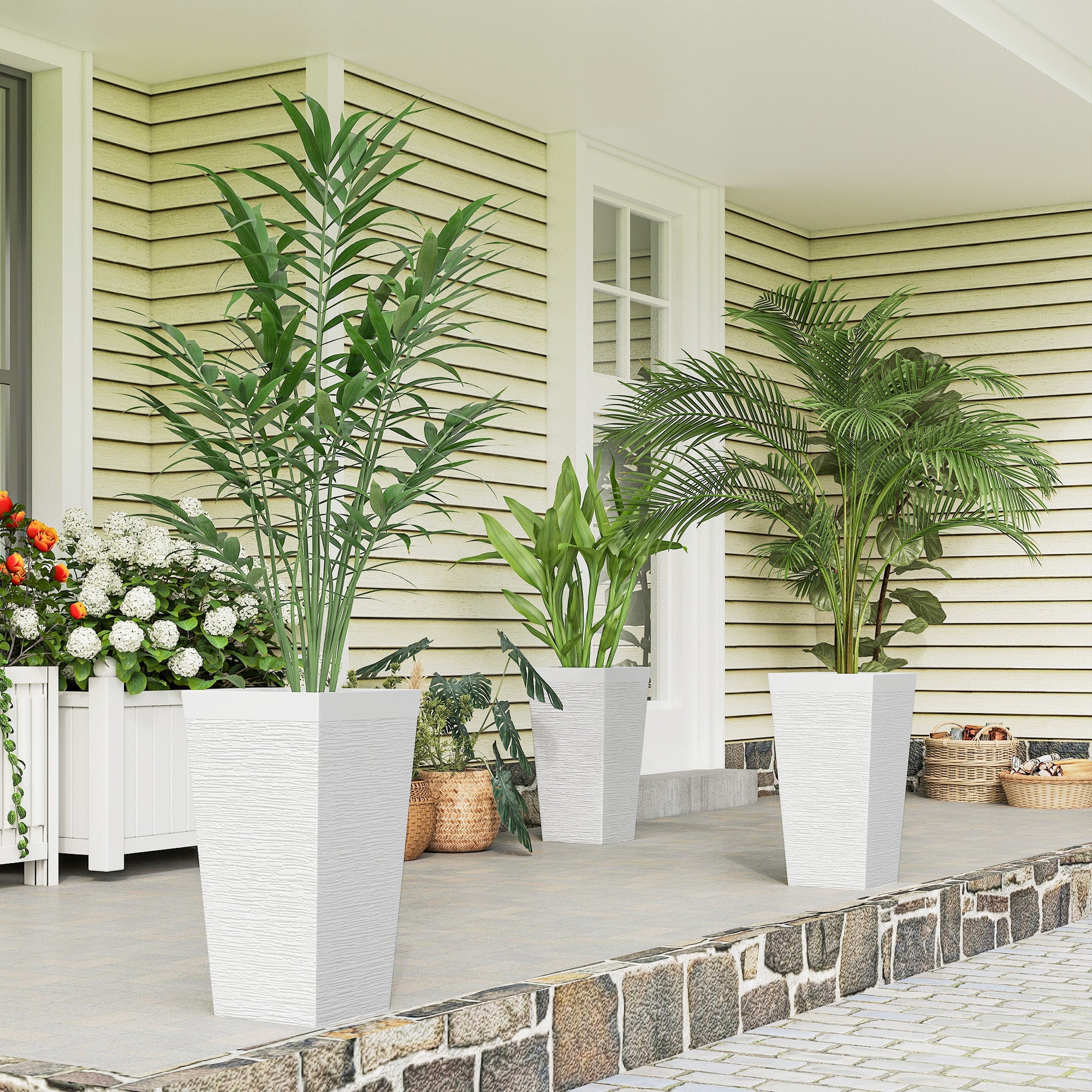 Set of three stone finish outdoor planters