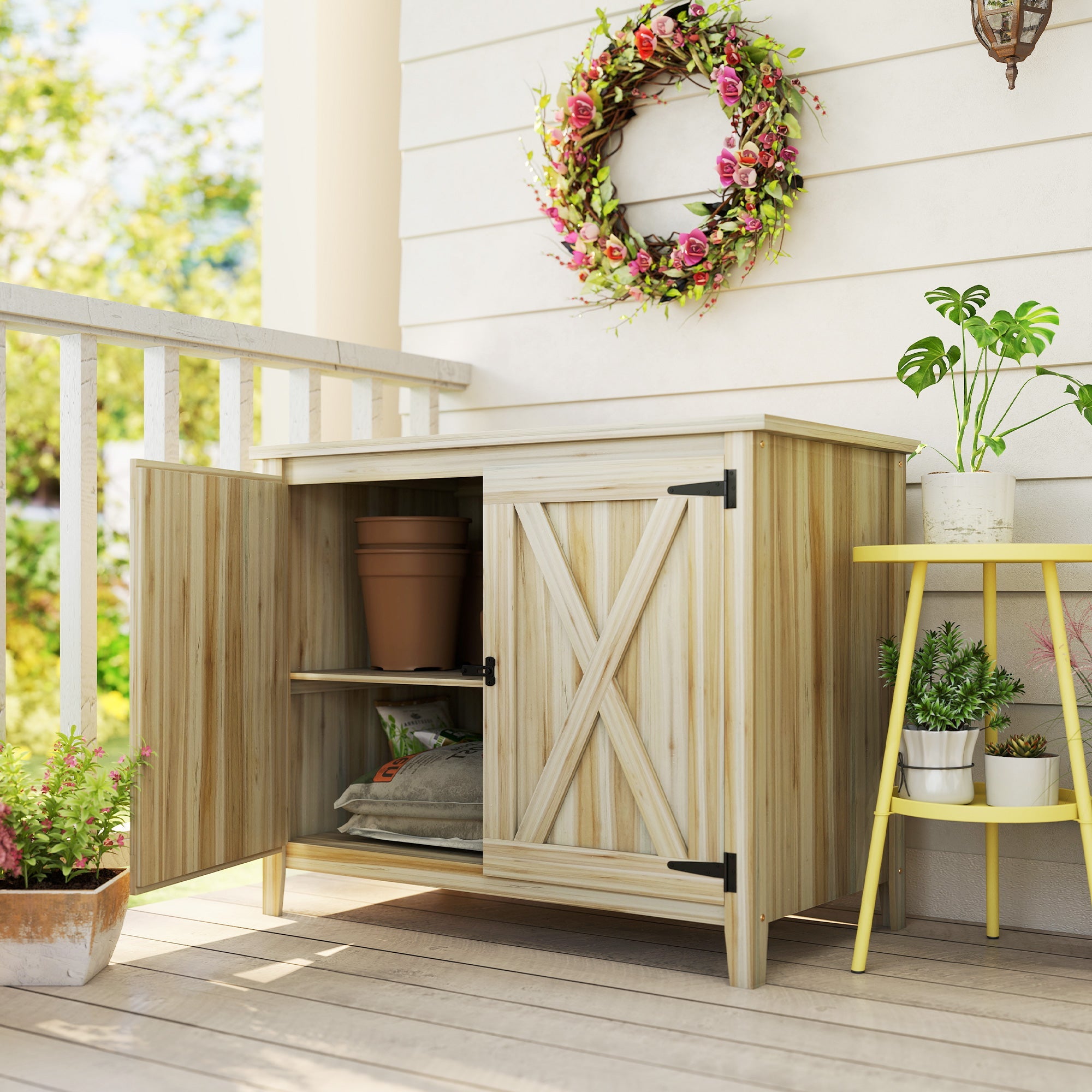 Wooden garden cabinet with four tiers and lockable doors