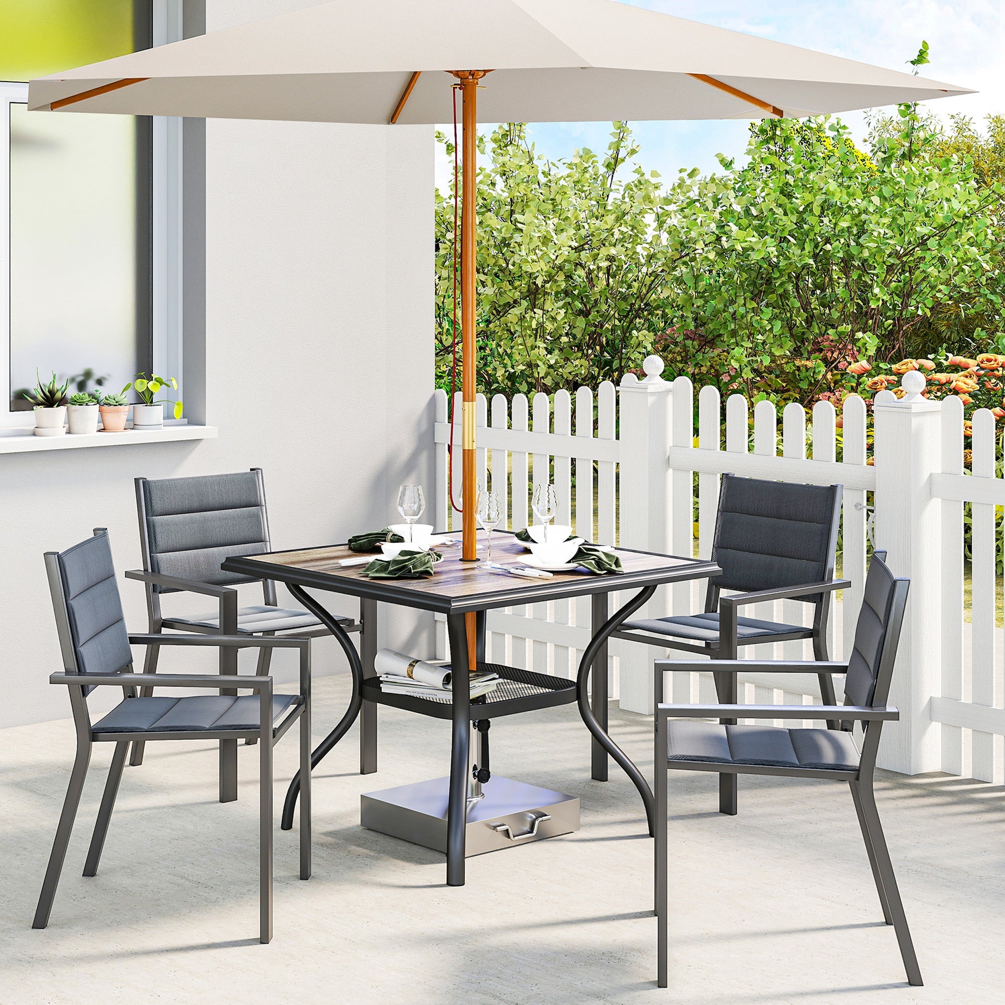 Square outdoor dining table with umbrella hole and shelf