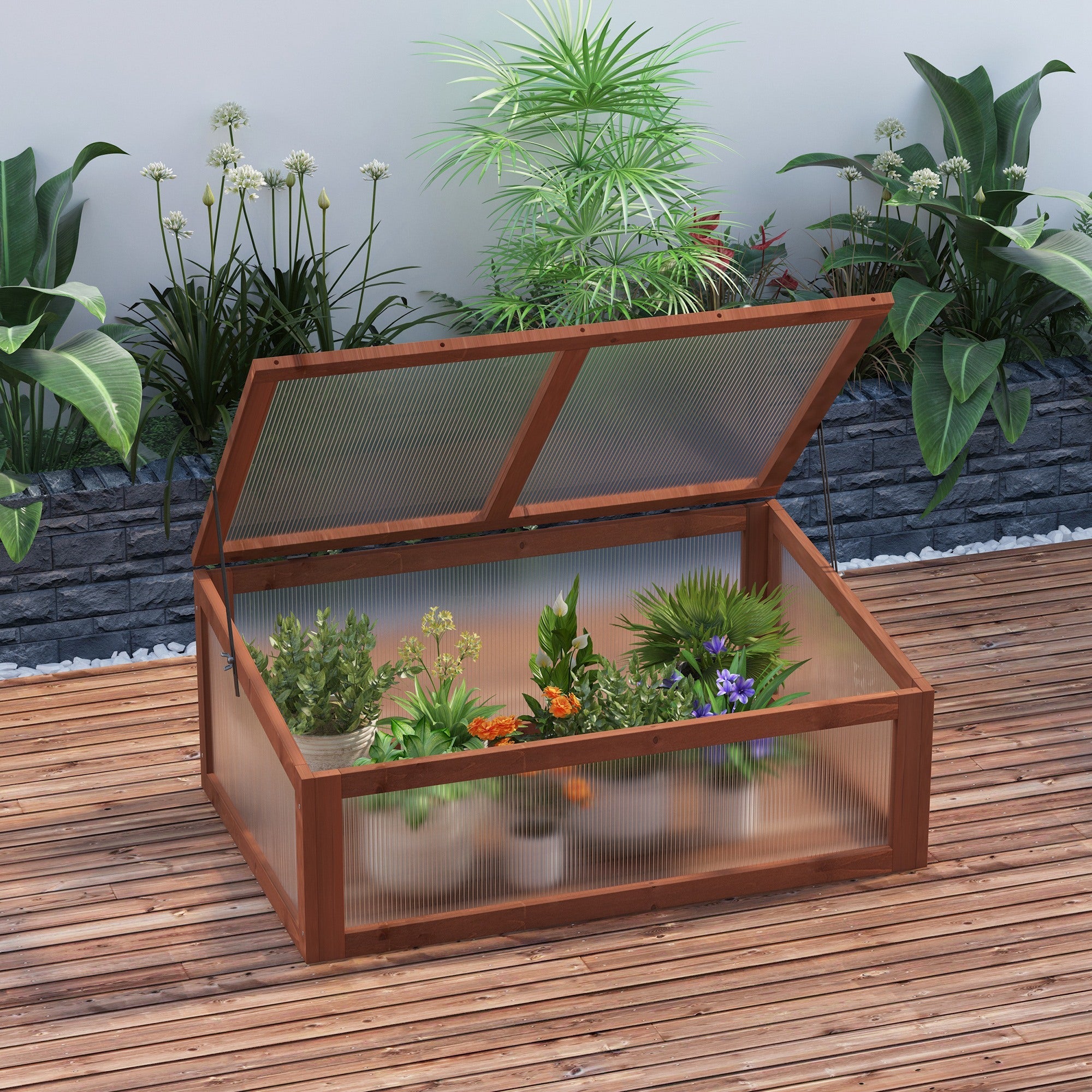 Wooden cold frame greenhouse with polycarbonate panels