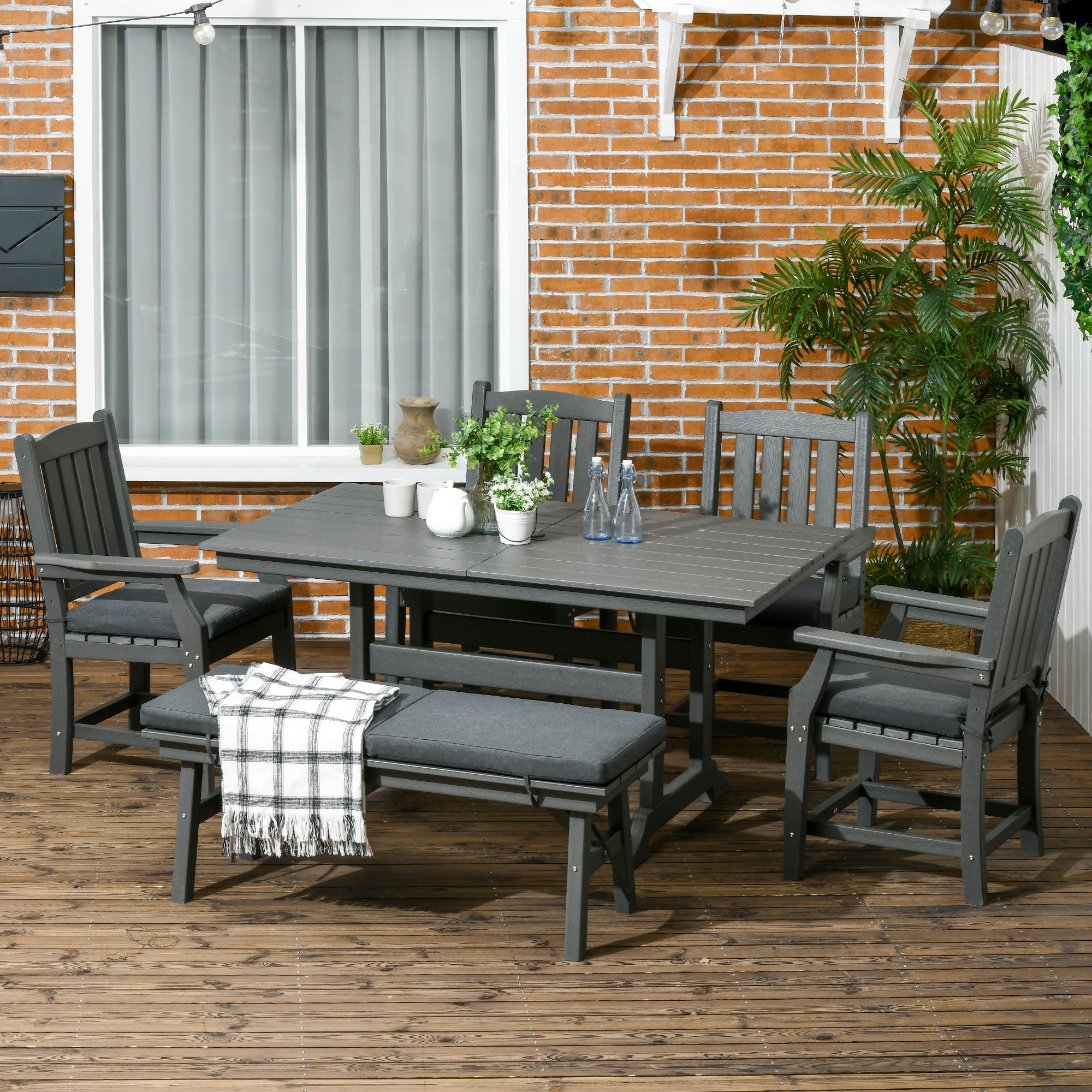 Six seat outdoor patio dining set with loveseat bench